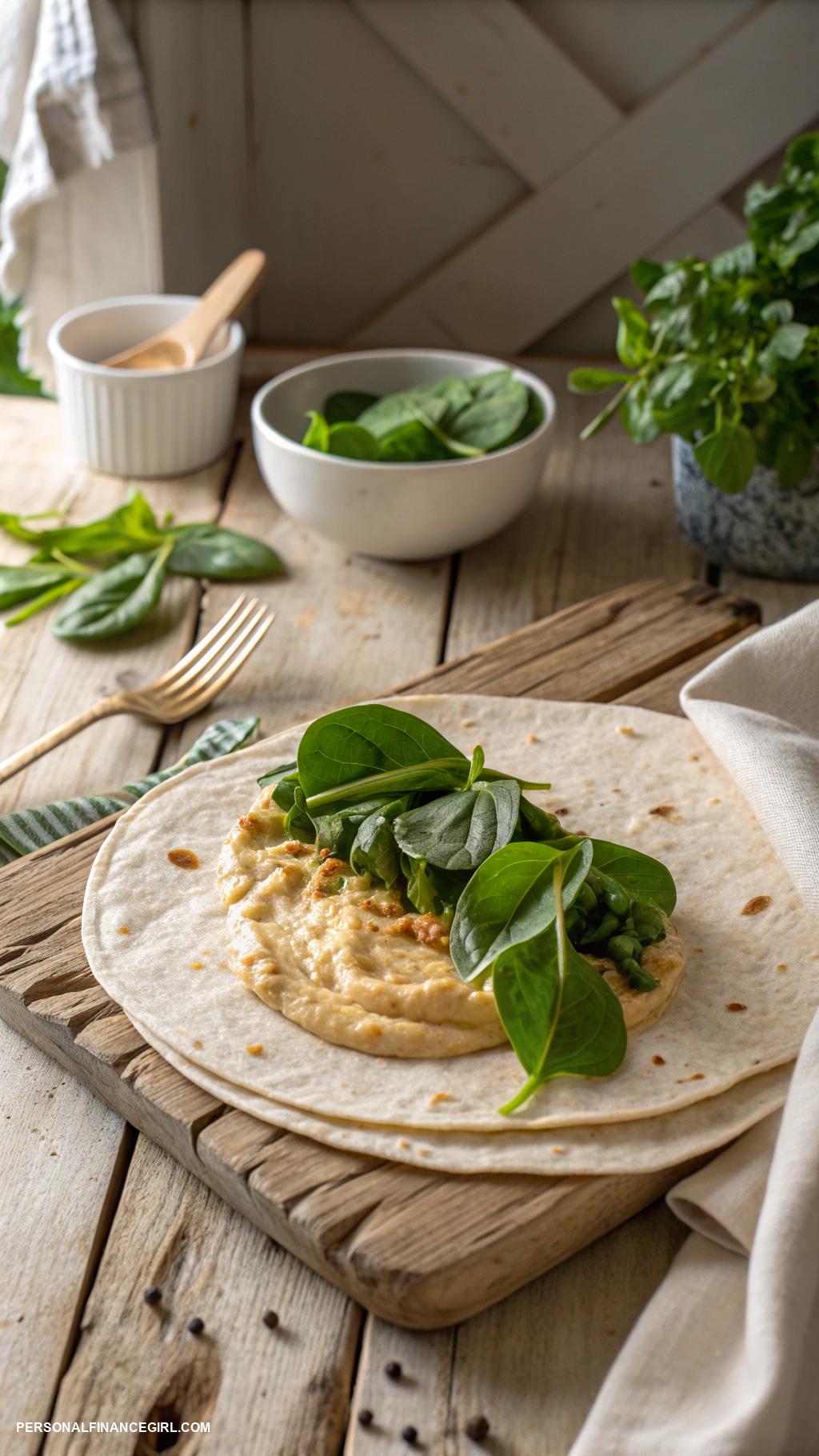 dirt cheap meals Tortilla wrap with hummus and spinach