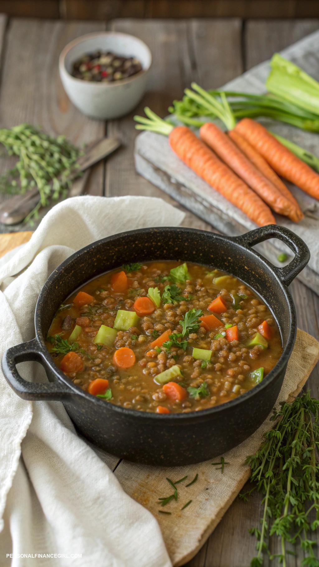 poverty meals Lentil stew with carrots and celery