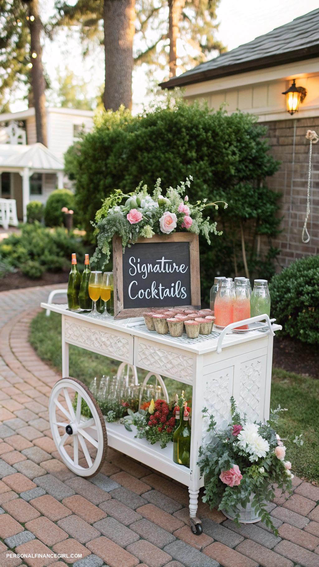 cheap backyard wedding Offer signature cocktails from a bar cart