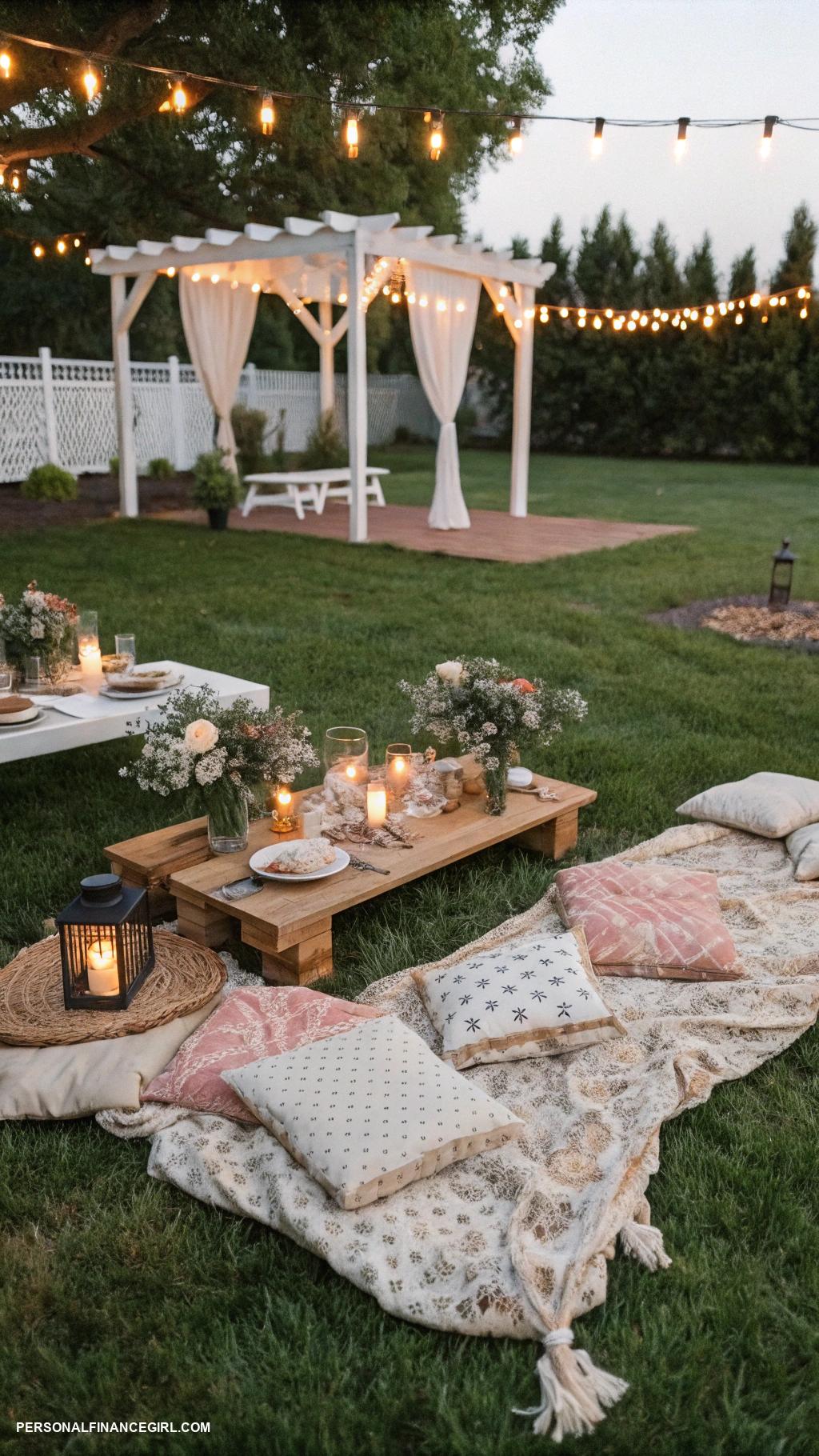 cheap backyard wedding Use picnic blankets for seating