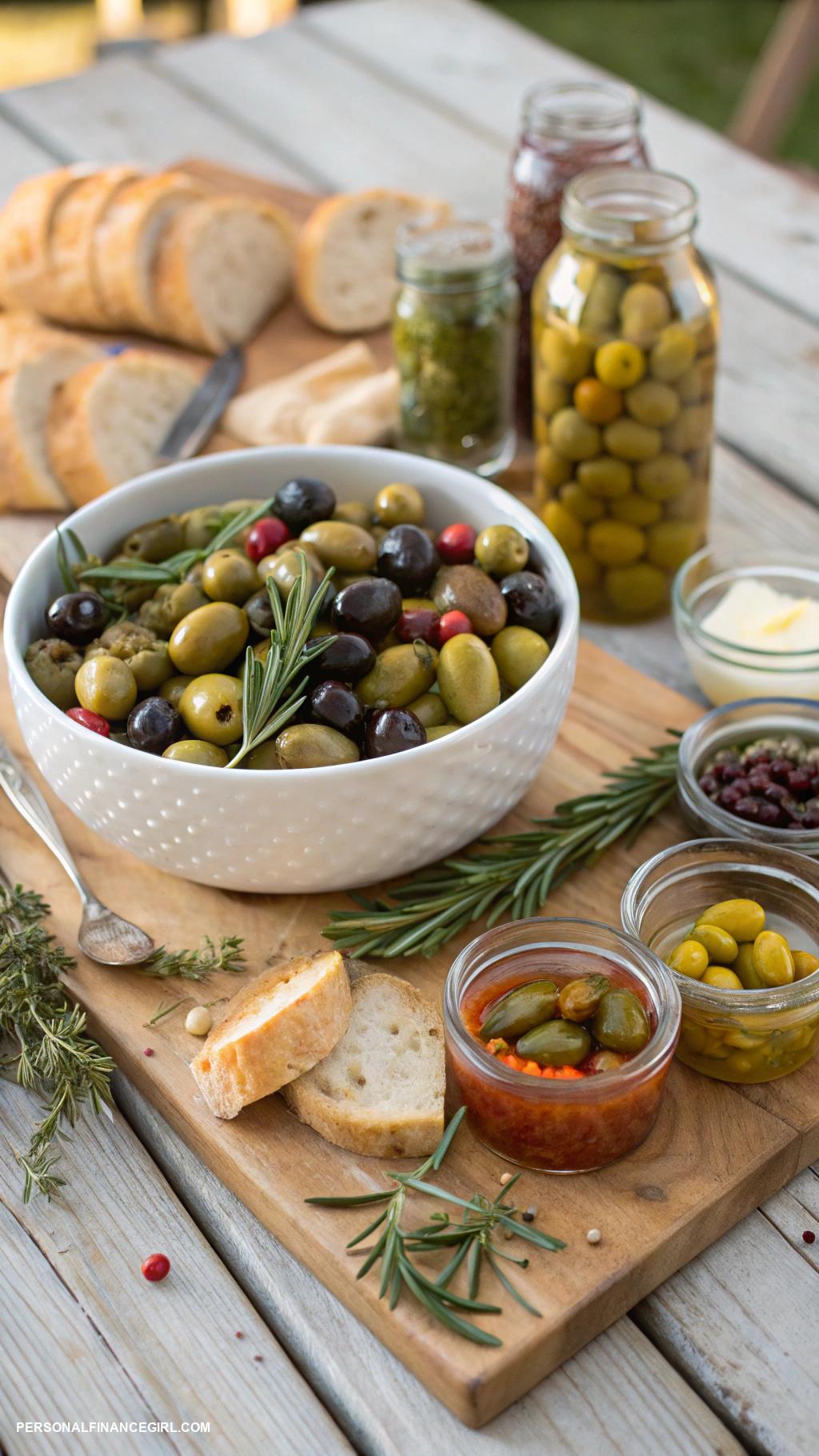 cheap grazing table ideas Assorted olives and pickles selection