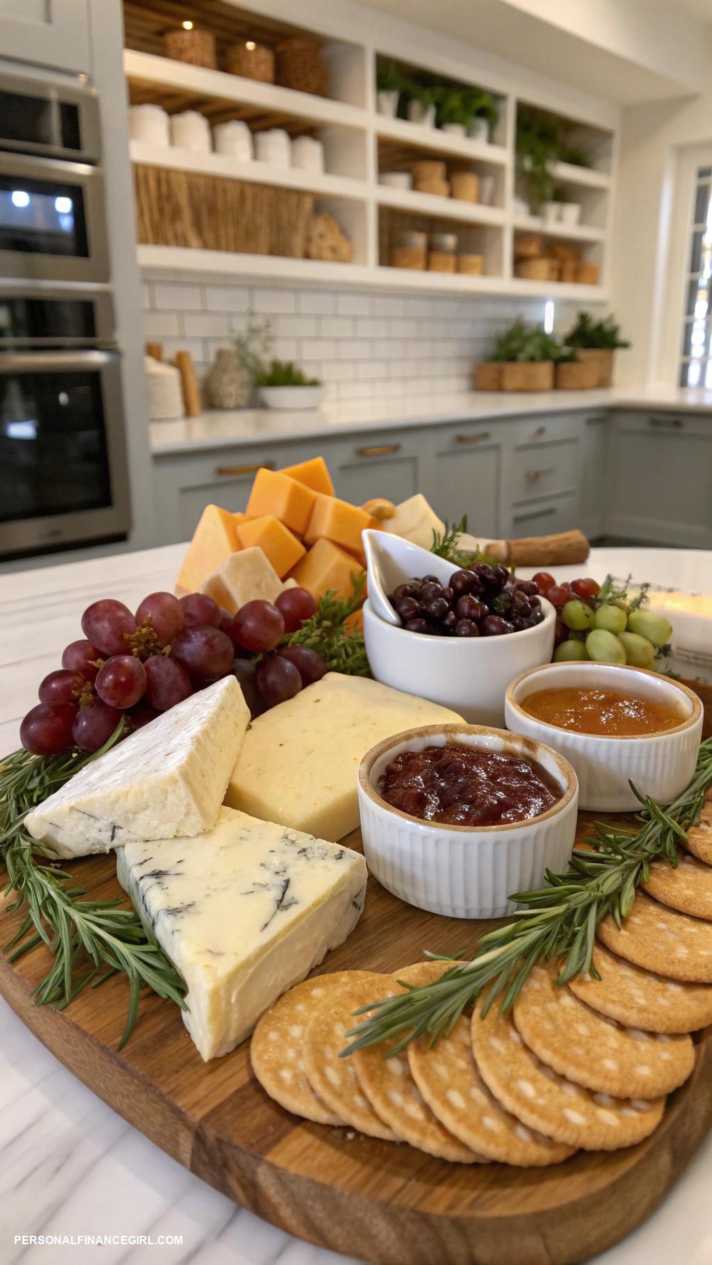 cheap grazing table ideas Cheese platter with crackers and grapes