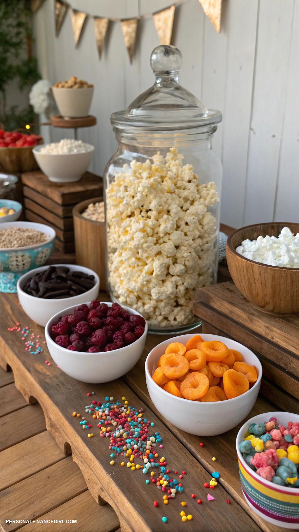 cheap grazing table ideas Popcorn bar with various toppings