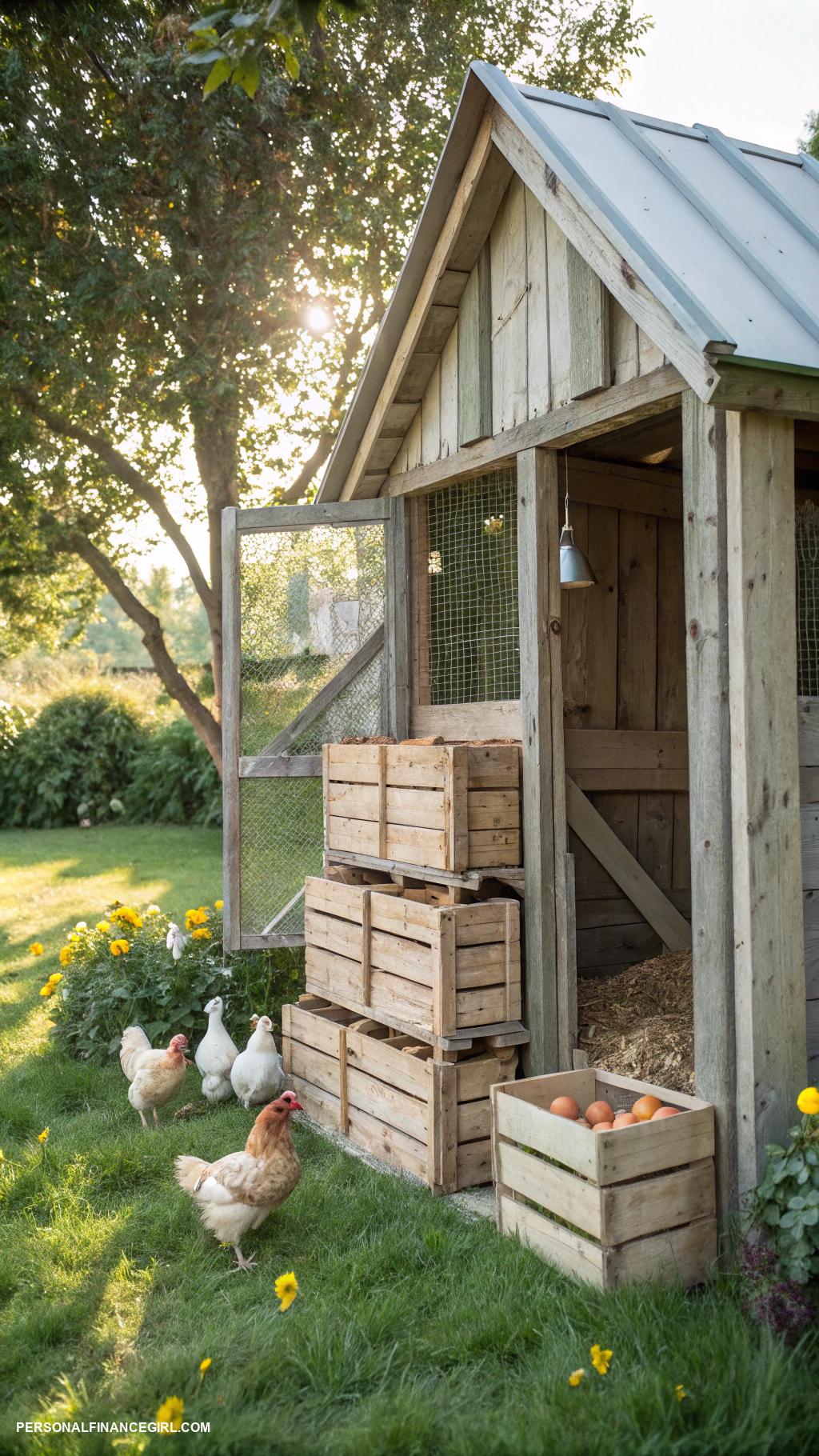 chicken coop designs diy cheap Vintage wooden crates stacked for shelter