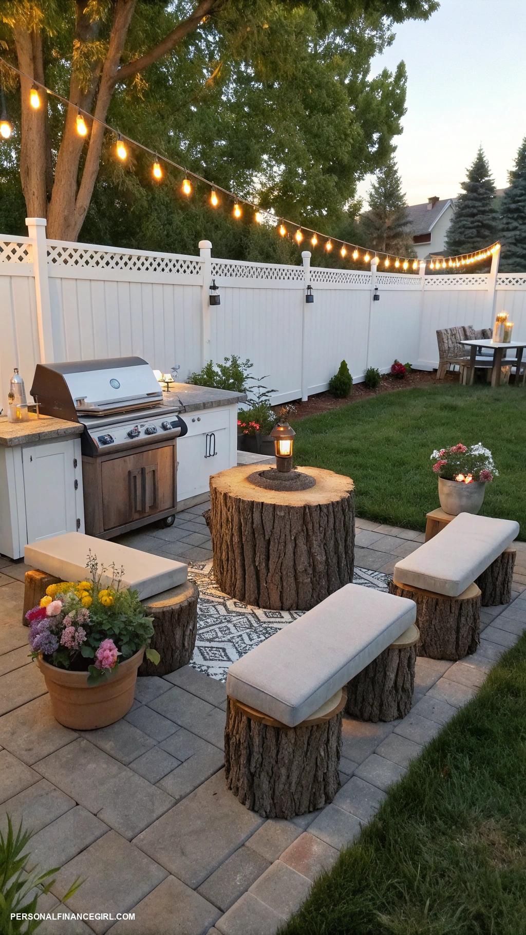 diy grill station cheap Create benches from sturdy tree stumps