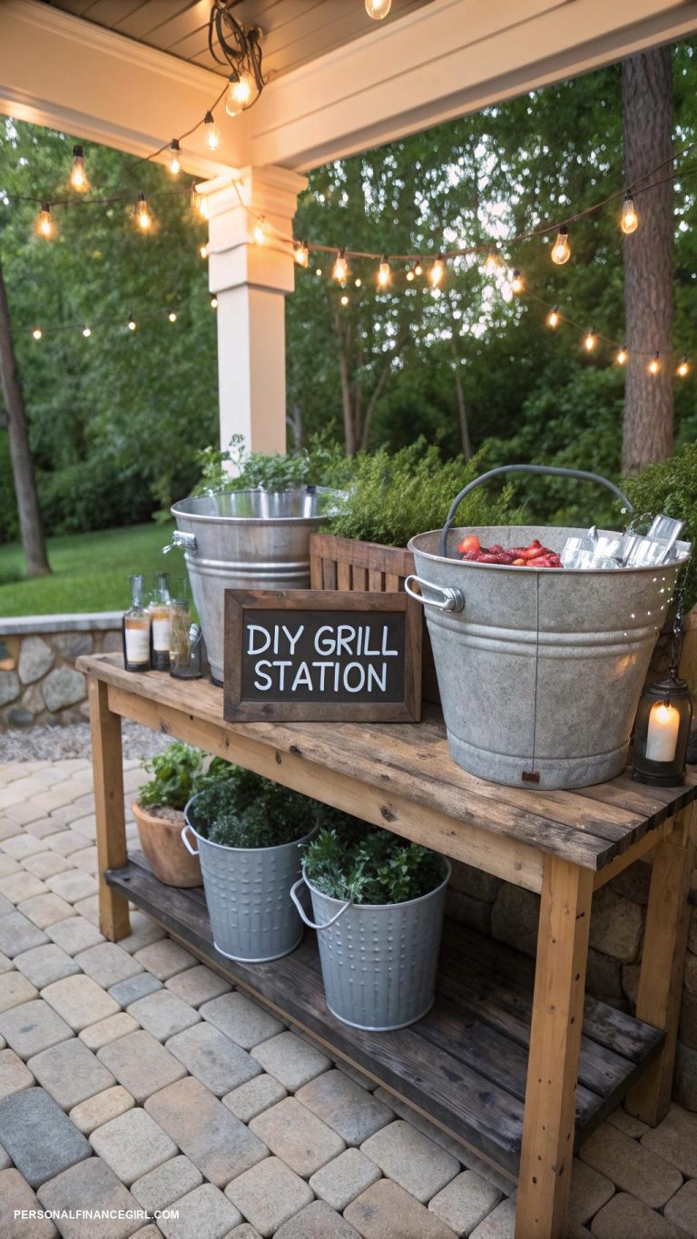 diy grill station cheap Use metal buckets for side condiment storage