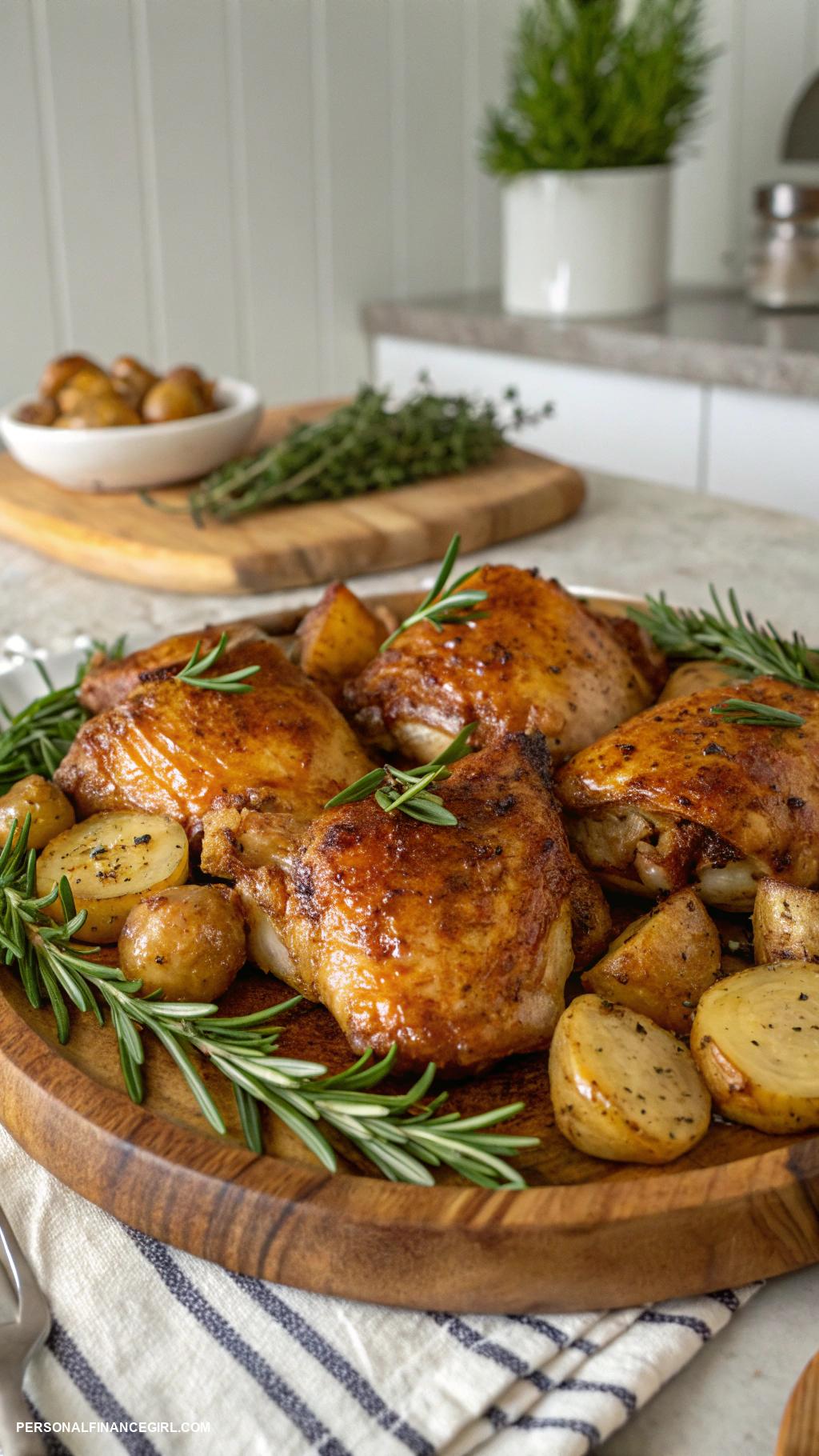 cheap chicken recipes Garlic herb roasted chicken thighs and potatoes