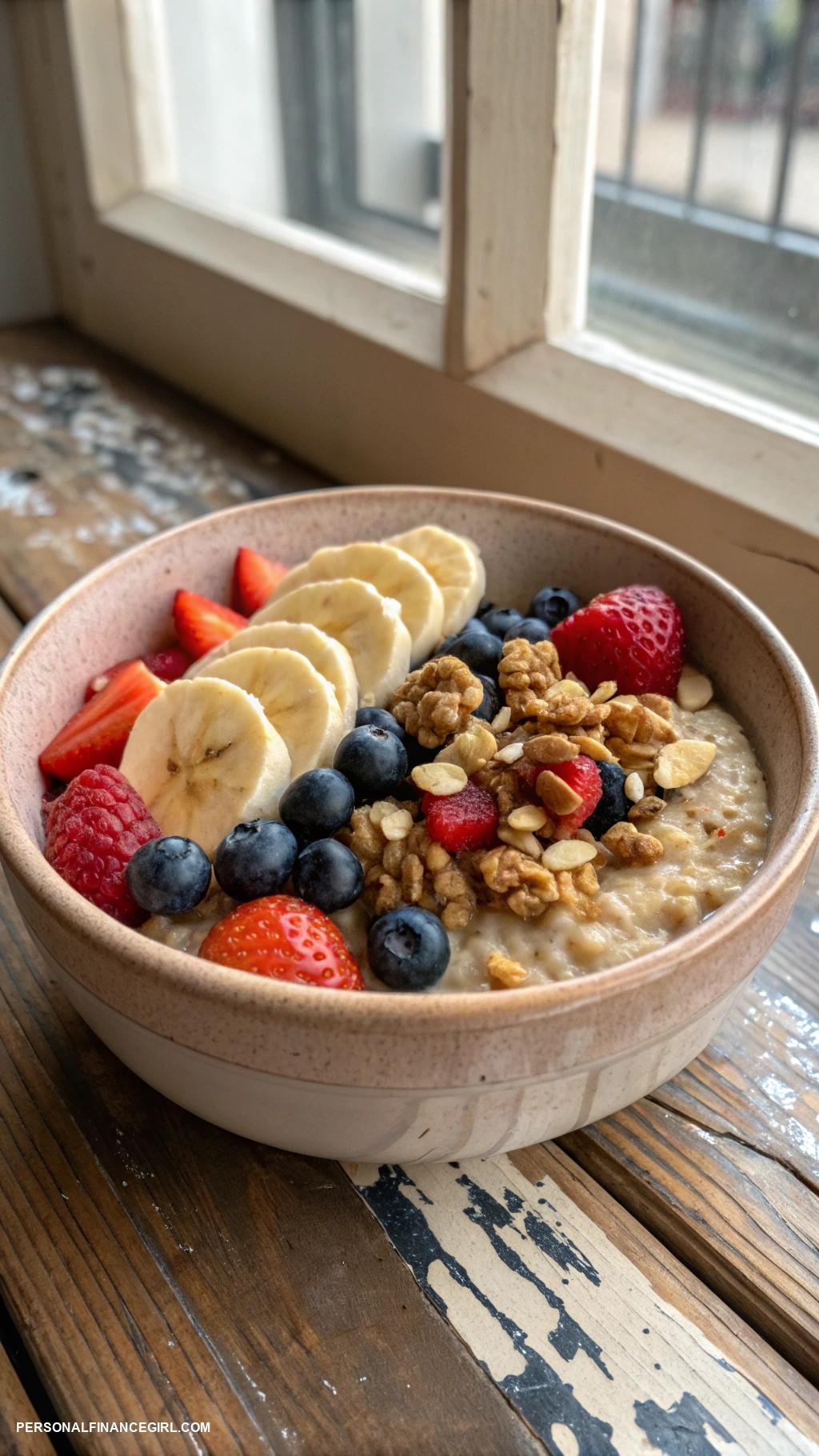 cheap meal prep Oatmeal topped with fruits and nuts