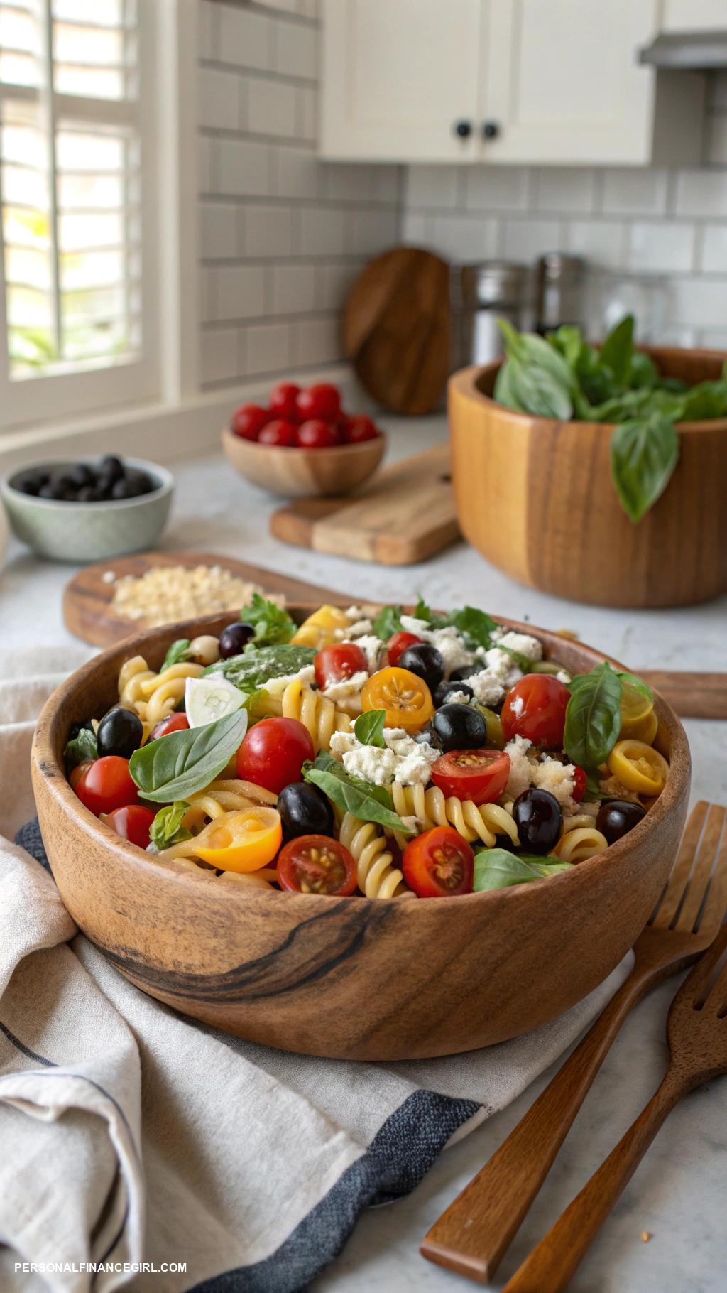 cheap meal prep Pasta salad with tomatoes and olives