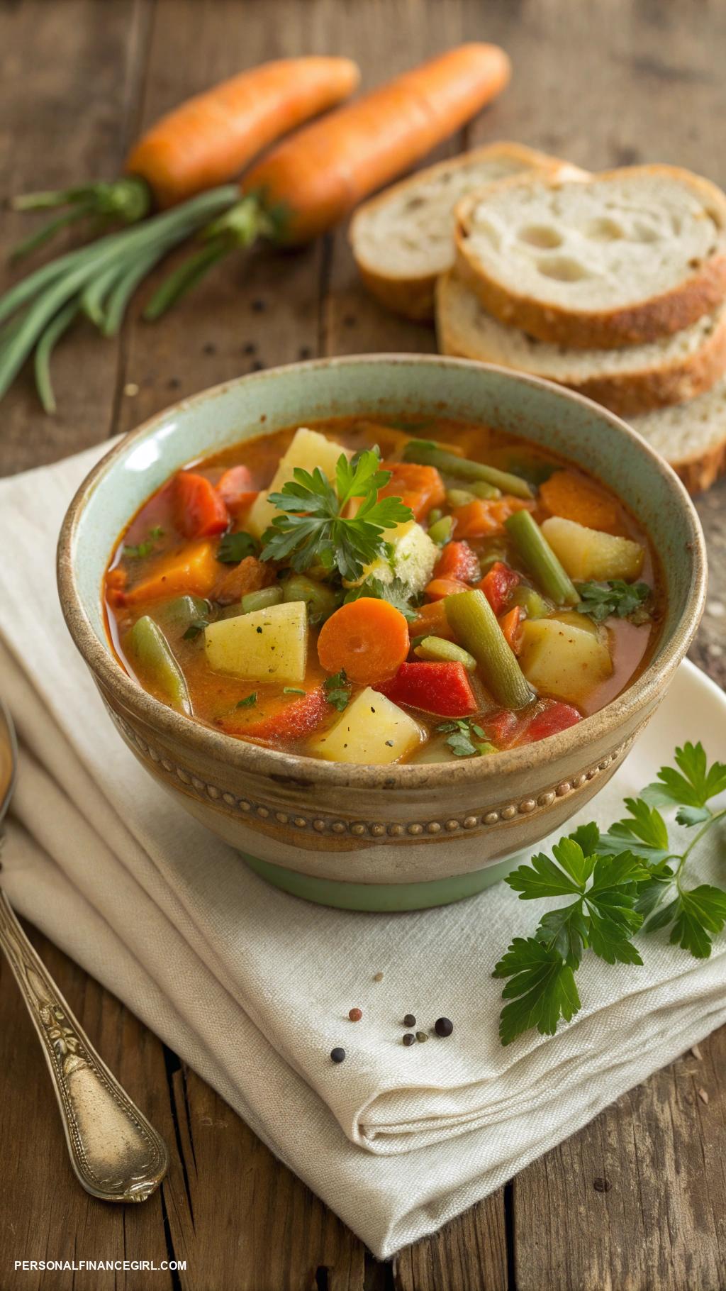 cheap meals for large families Homemade vegetable soup with crusty bread