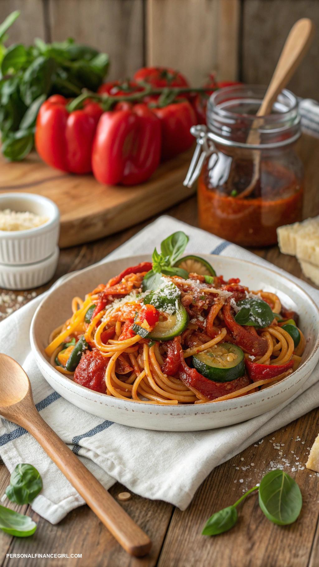 cheap meals for large families Spaghetti with marinara sauce and vegetables