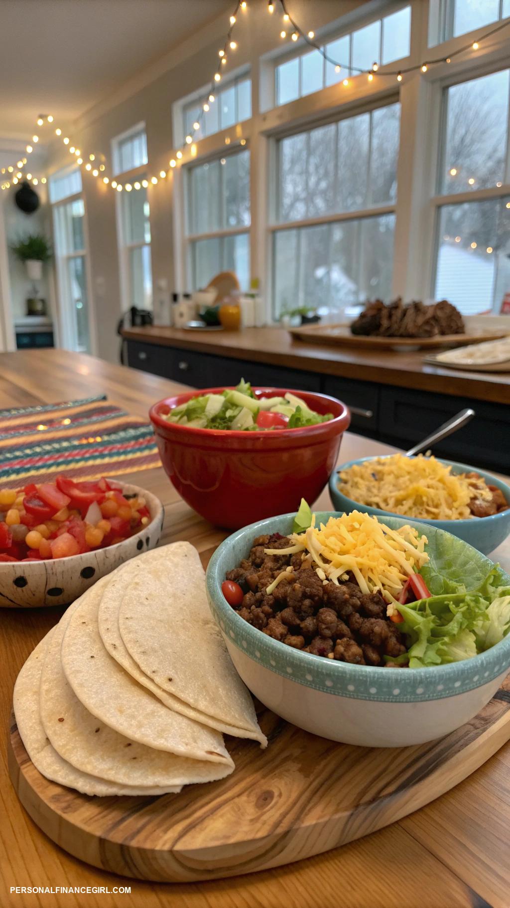 cheap meals for large families Taco night with beans and shredded cheese