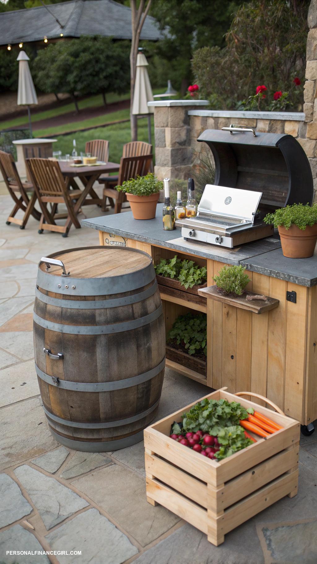 cheap outdoor kitchen ideas Upcycled wine barrels for cooking space