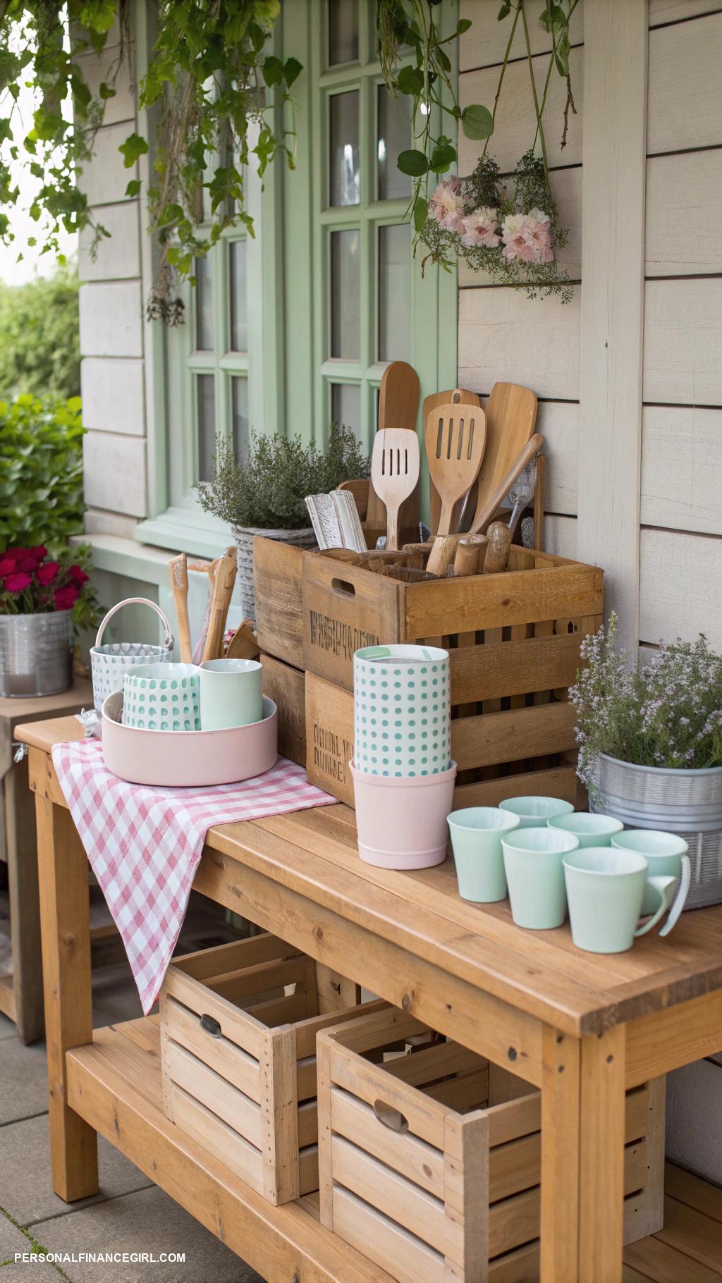 cheap outdoor kitchen ideas Use crates as storage for utensils