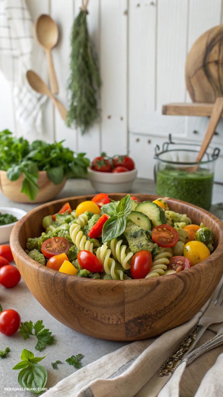 cheap salad recipes Pasta salad with veggies and pesto dressing