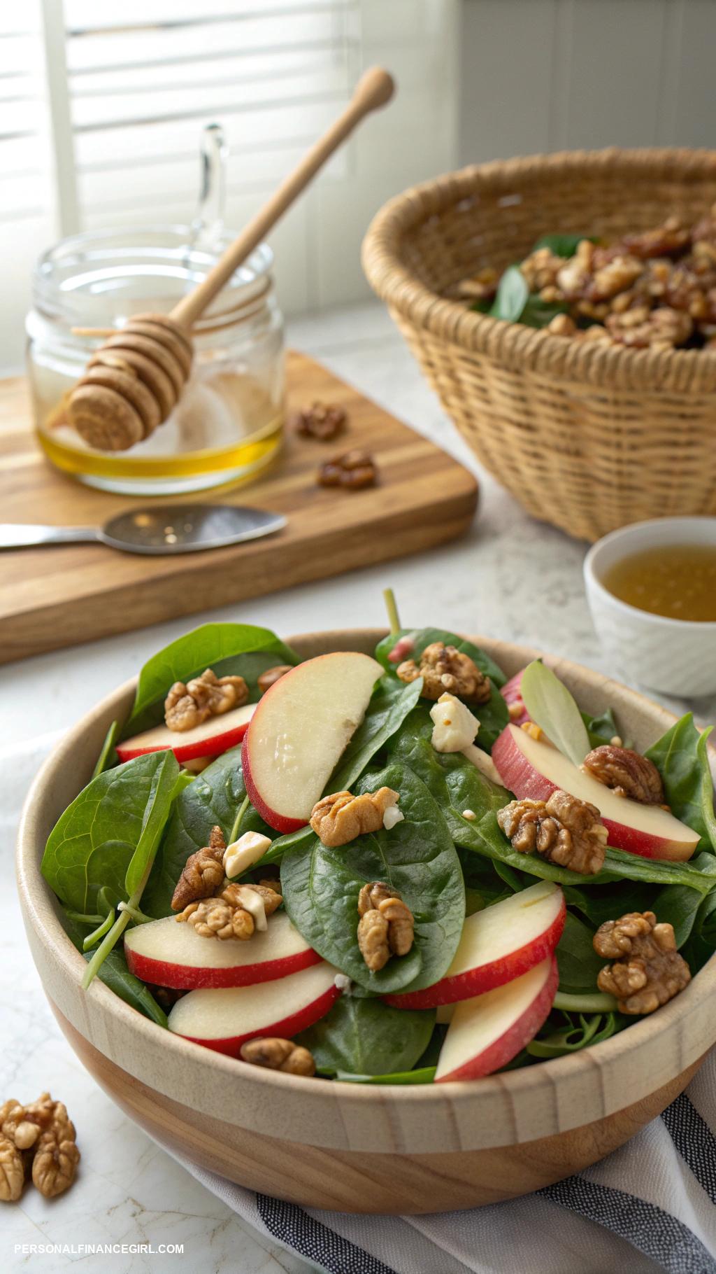 cheap salad recipes Spinach with apples and nut dressing