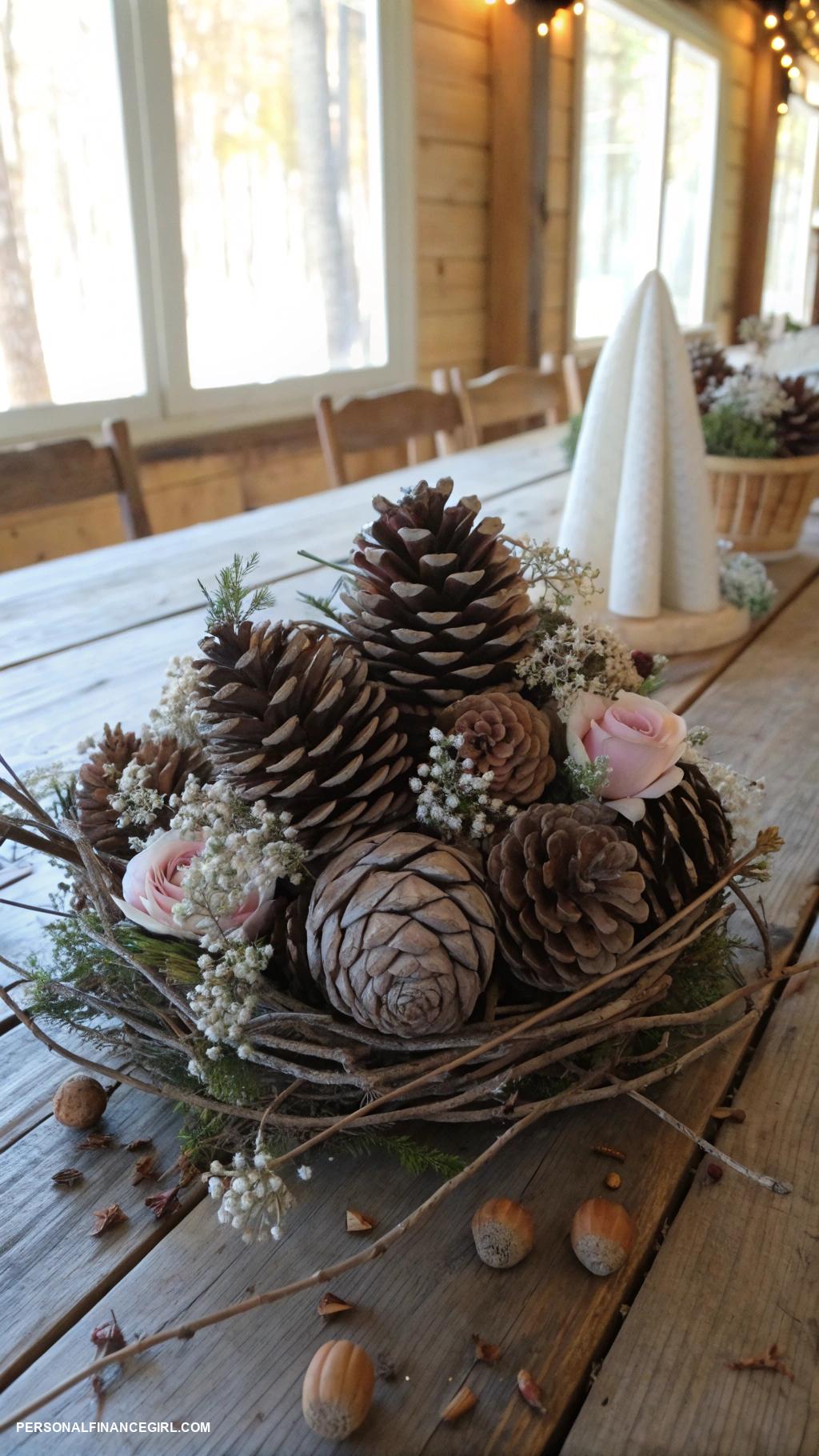 cheap wedding decorations Pinecones and twigs for rustic touch