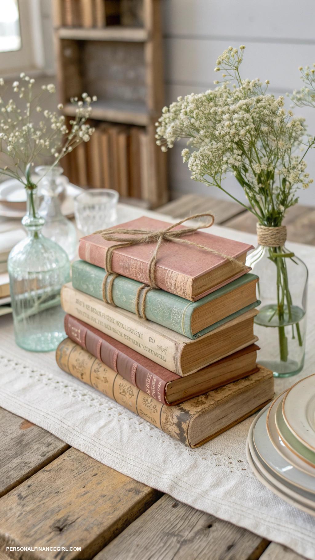 cheap wedding decorations Vintage books as table decor