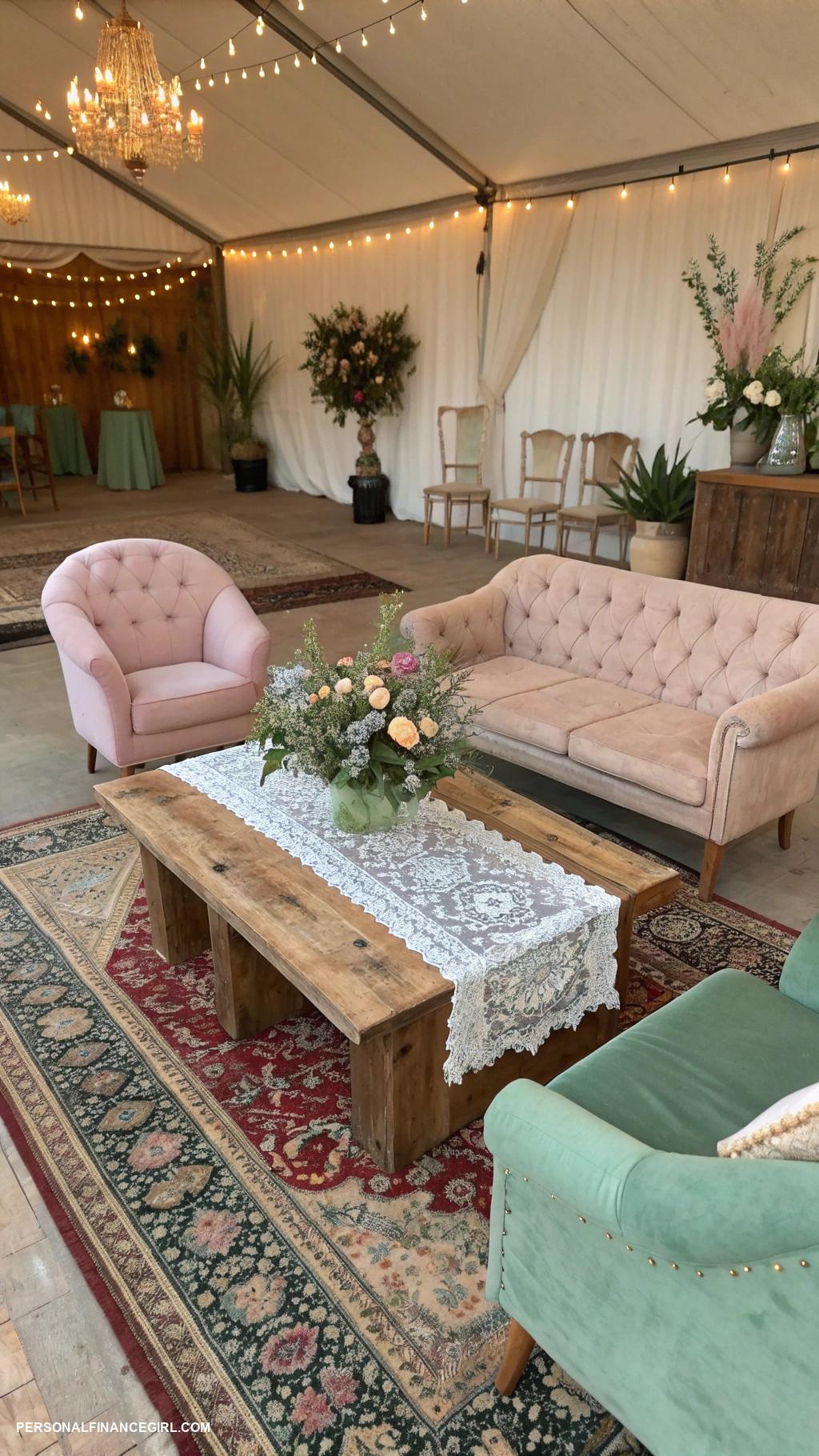 cheap boho wedding ideas Rent vintage furniture for reception area