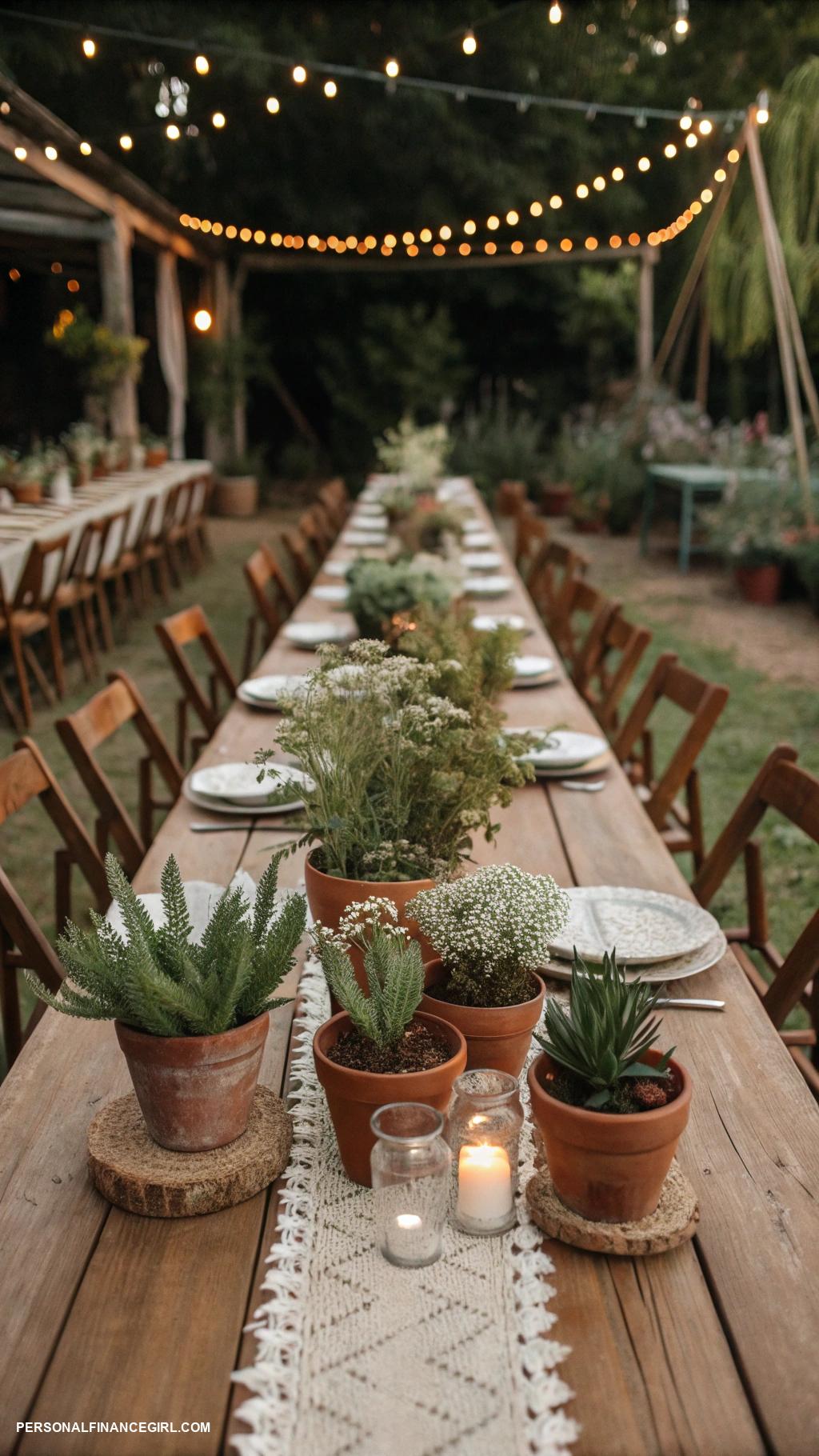 cheap boho wedding ideas Use potted plants as centerpieces