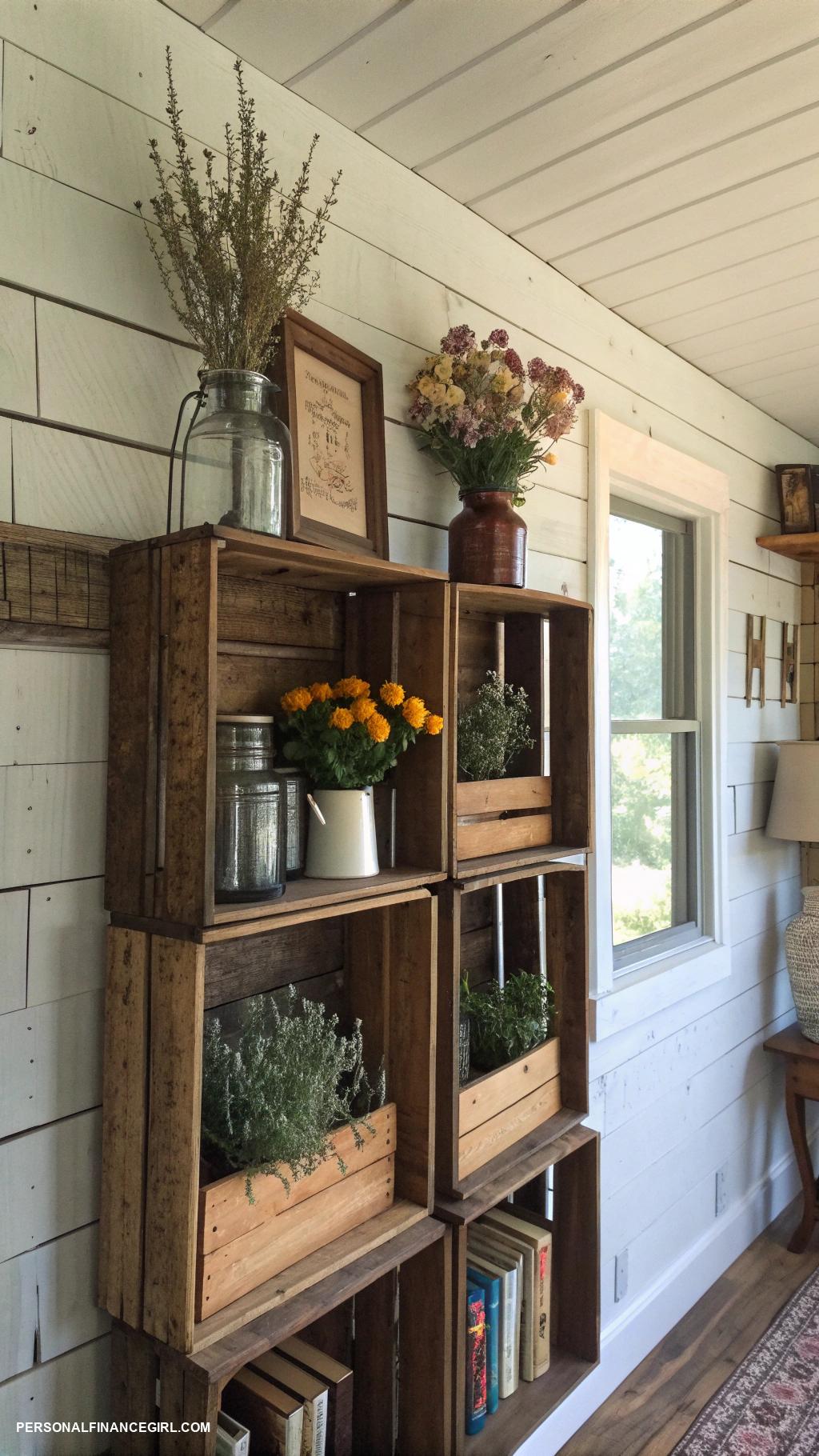 cheap farmhouse crafts Repurposed crate shelves