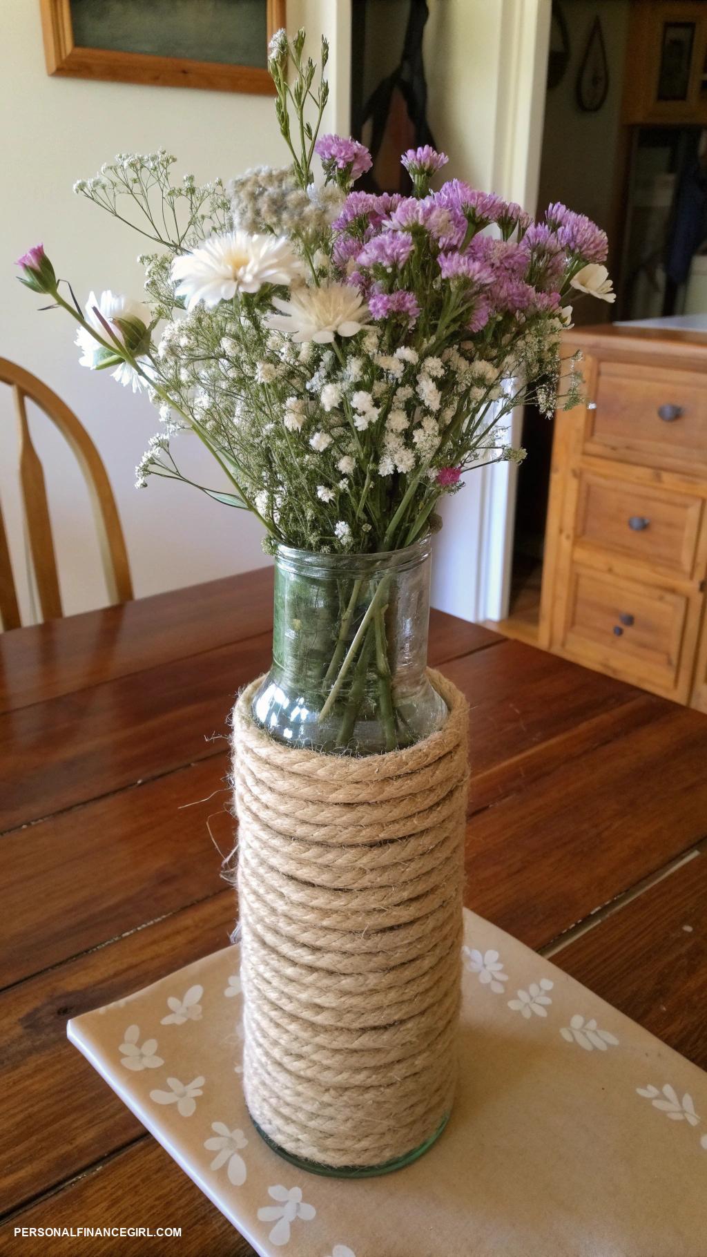 cheap farmhouse crafts Rustic rope wrapped vases