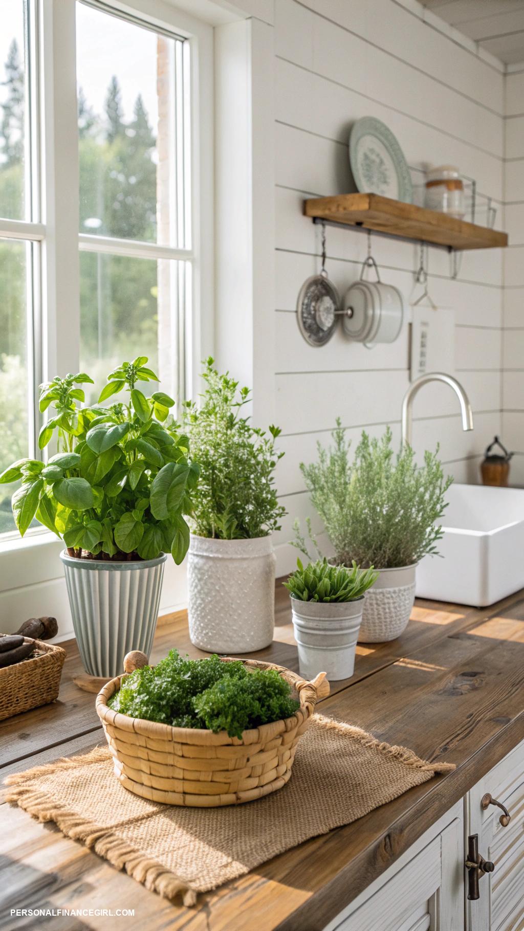 cheap farmhouse decorating ideas Add greenery with potted plants or herbs
