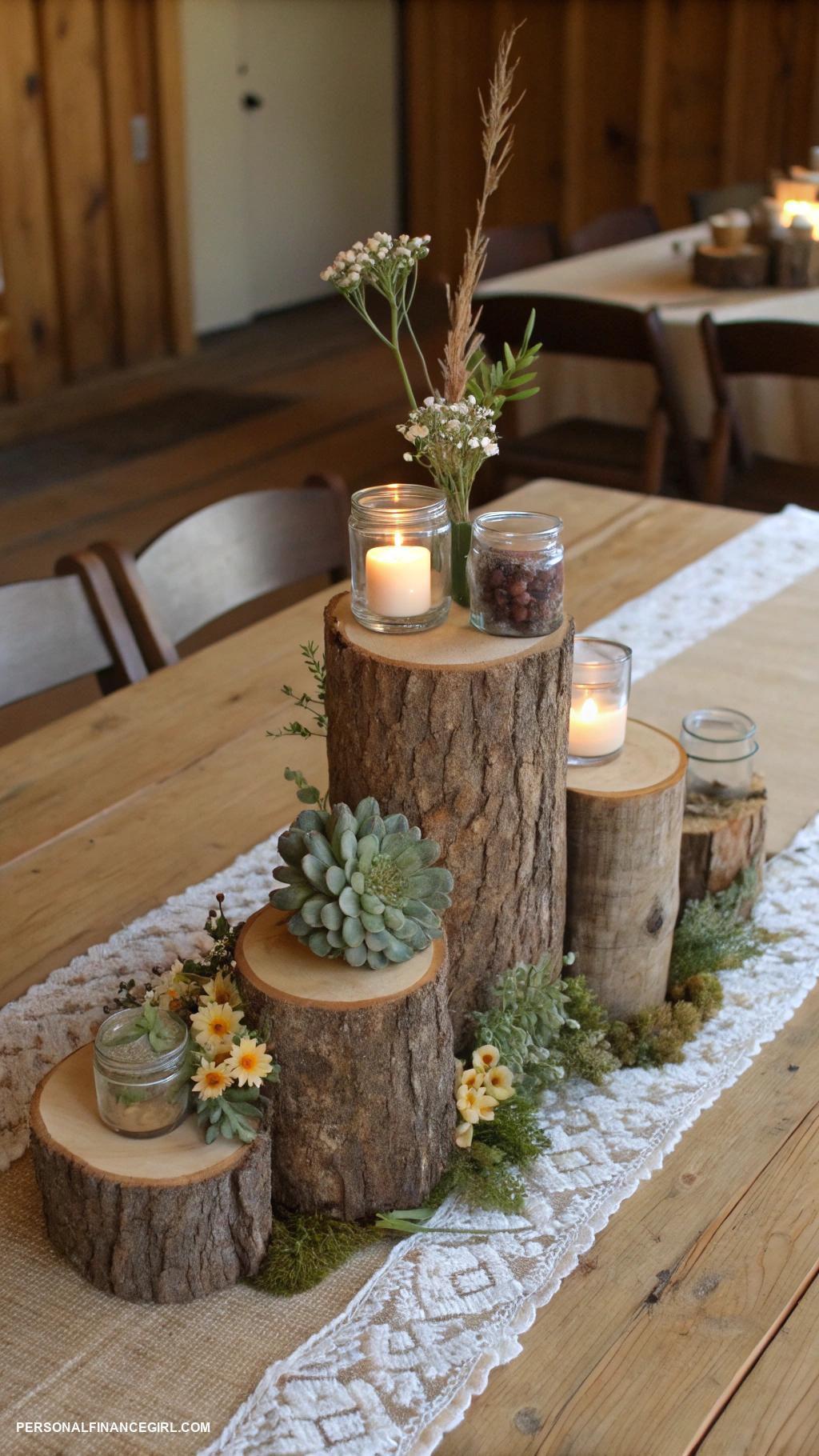cheap farmhouse decorating ideas Create a rustic centerpiece from logs