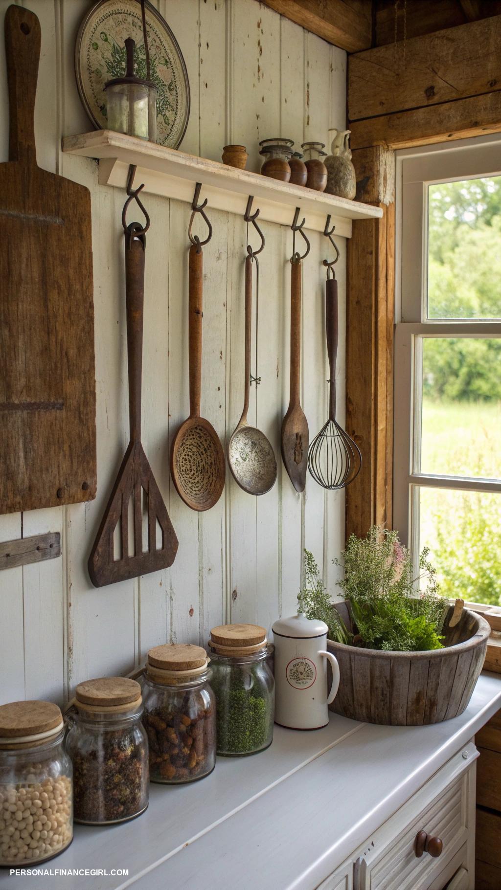 cheap farmhouse decorating ideas Hang vintage kitchen tools for decor