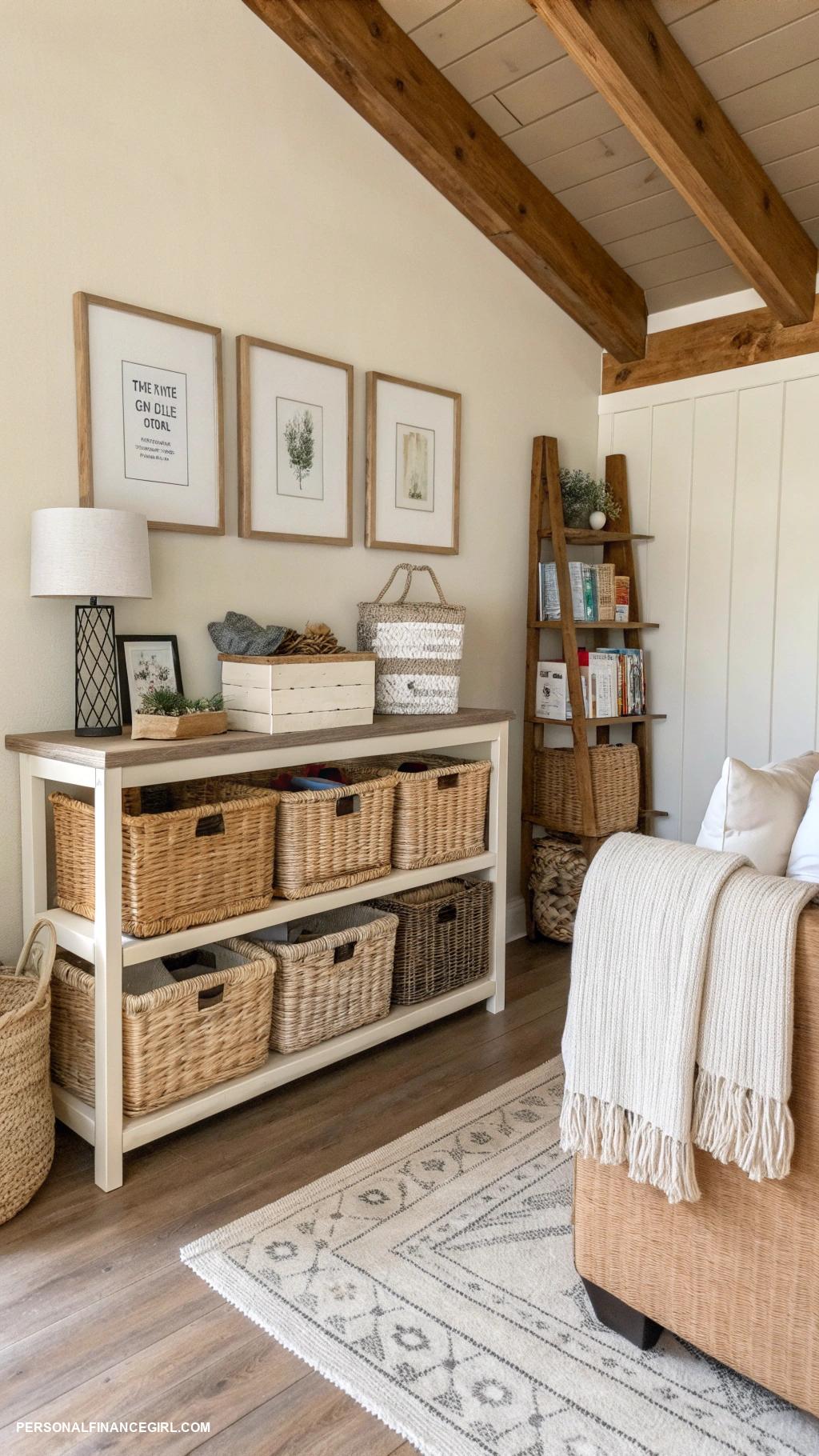 cheap farmhouse decorating ideas Incorporate woven baskets for storage
