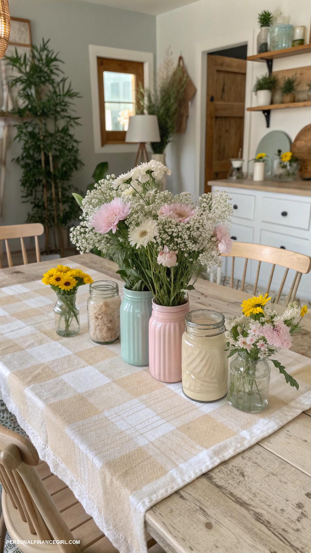 cheap farmhouse decorating ideas Use mason jars for centerpiece arrangements
