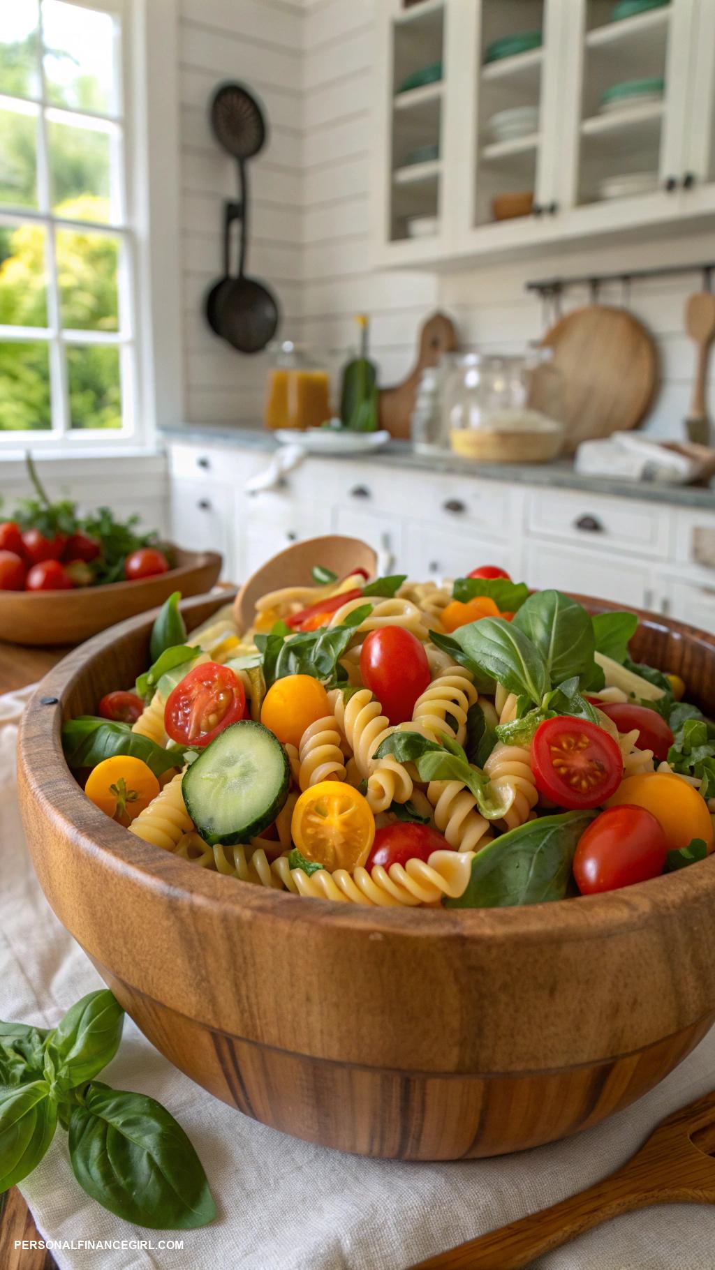 cheap meals for a crowd Pasta salad with seasonal vegetables
