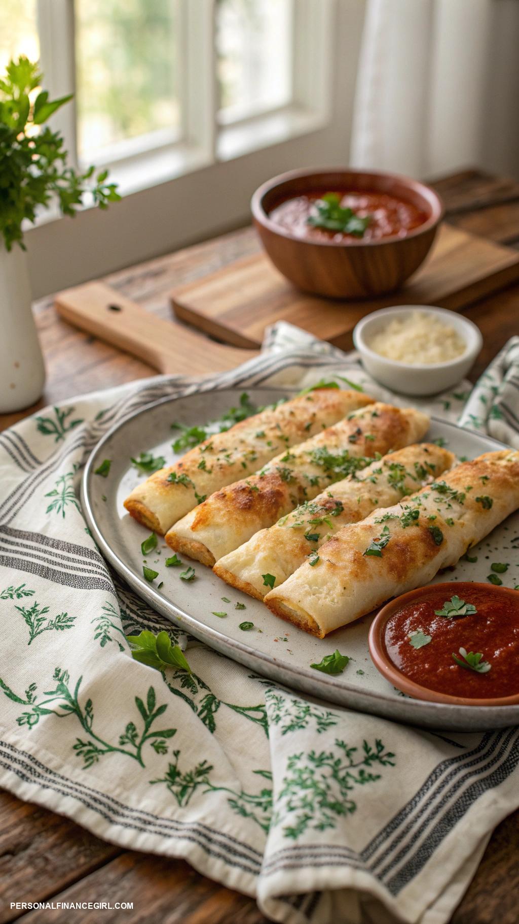 cheap potluck dishes Cheesy garlic breadsticks with marinara sauce