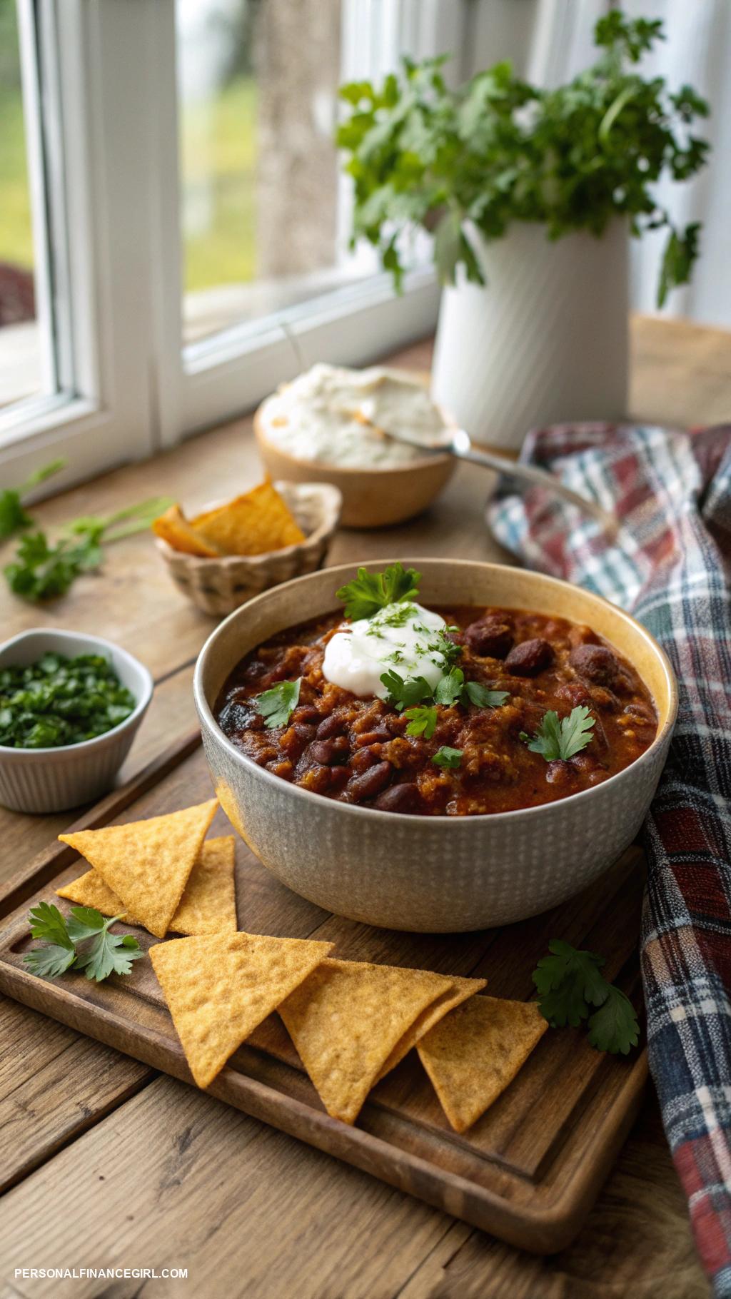 cheap potluck dishes Chili con carne with tortilla chips