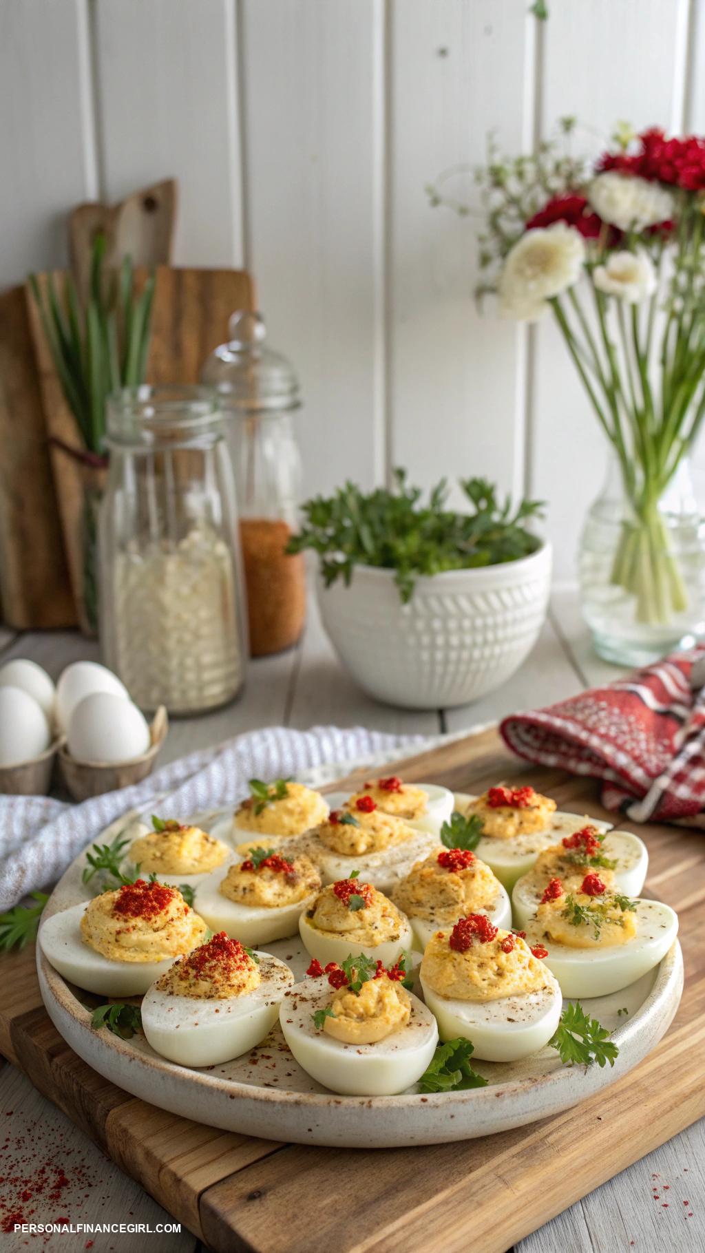 cheap potluck dishes Deviled eggs with paprika and herbs