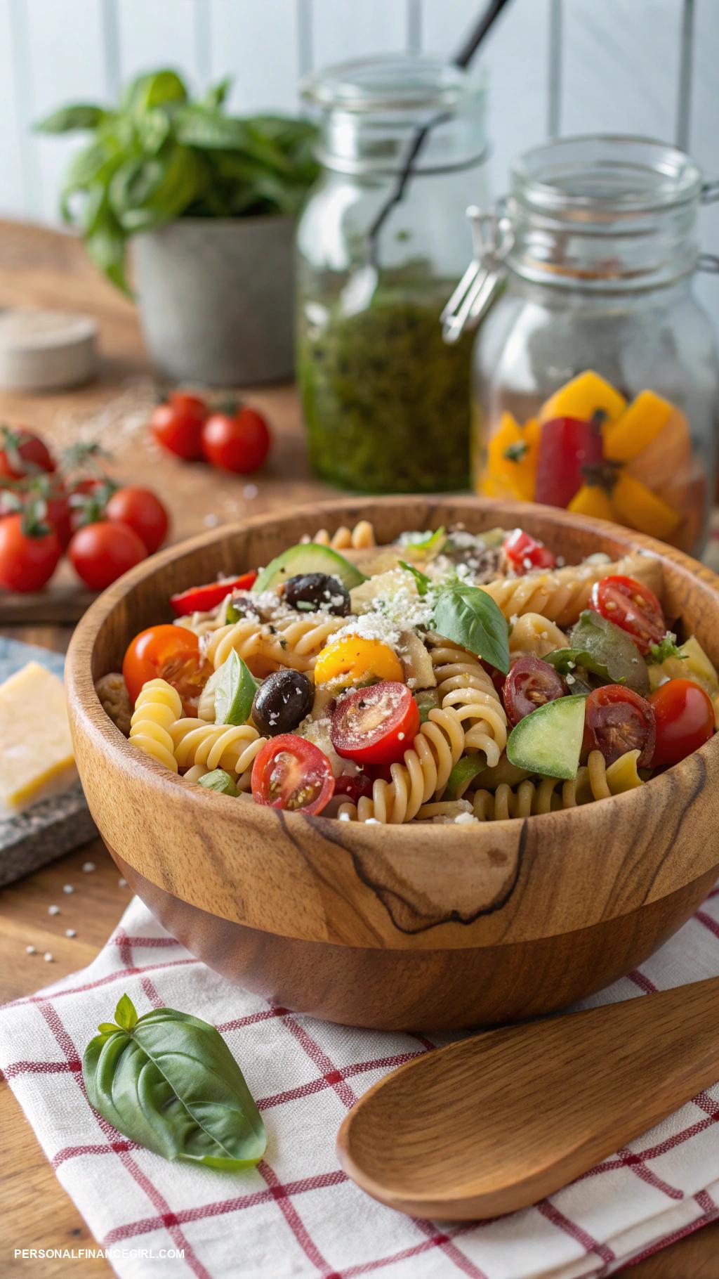 cheap potluck dishes Pasta salad with vegetables and Italian dressing