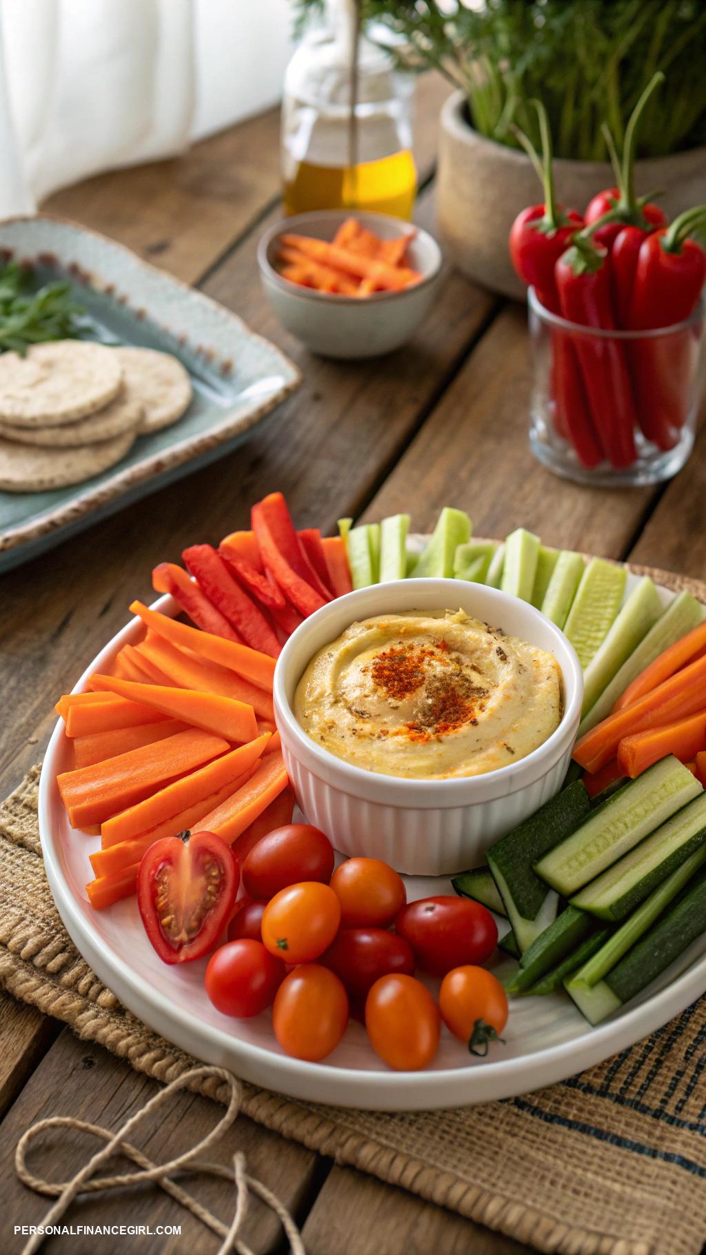 cheap potluck dishes Vegetable platter with hummus for dipping