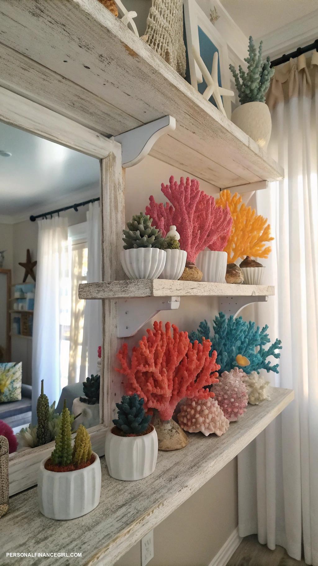 diy coastal home decor ideas Colorful coral sculptures on shelves