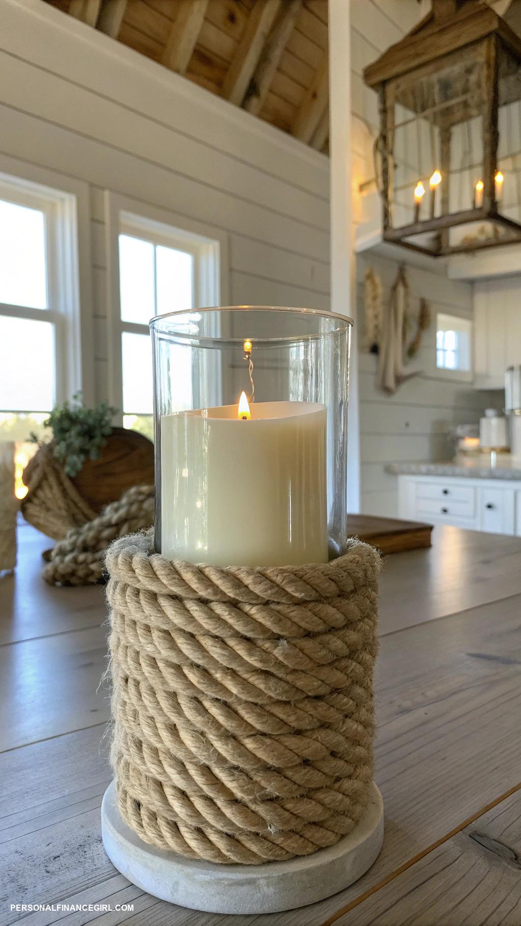 diy coastal home decor ideas Nautical rope wrapped candle holders