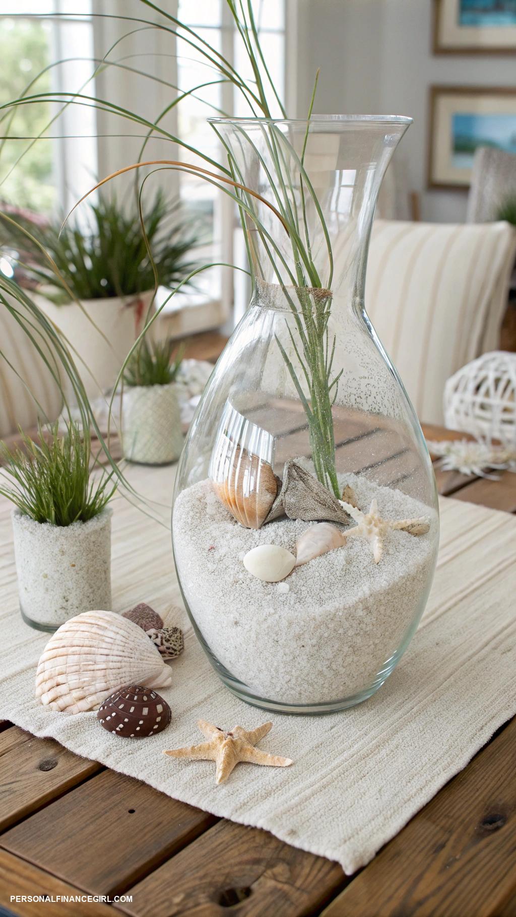 diy coastal home decor ideas Sand filled glass vases for beach ambiance