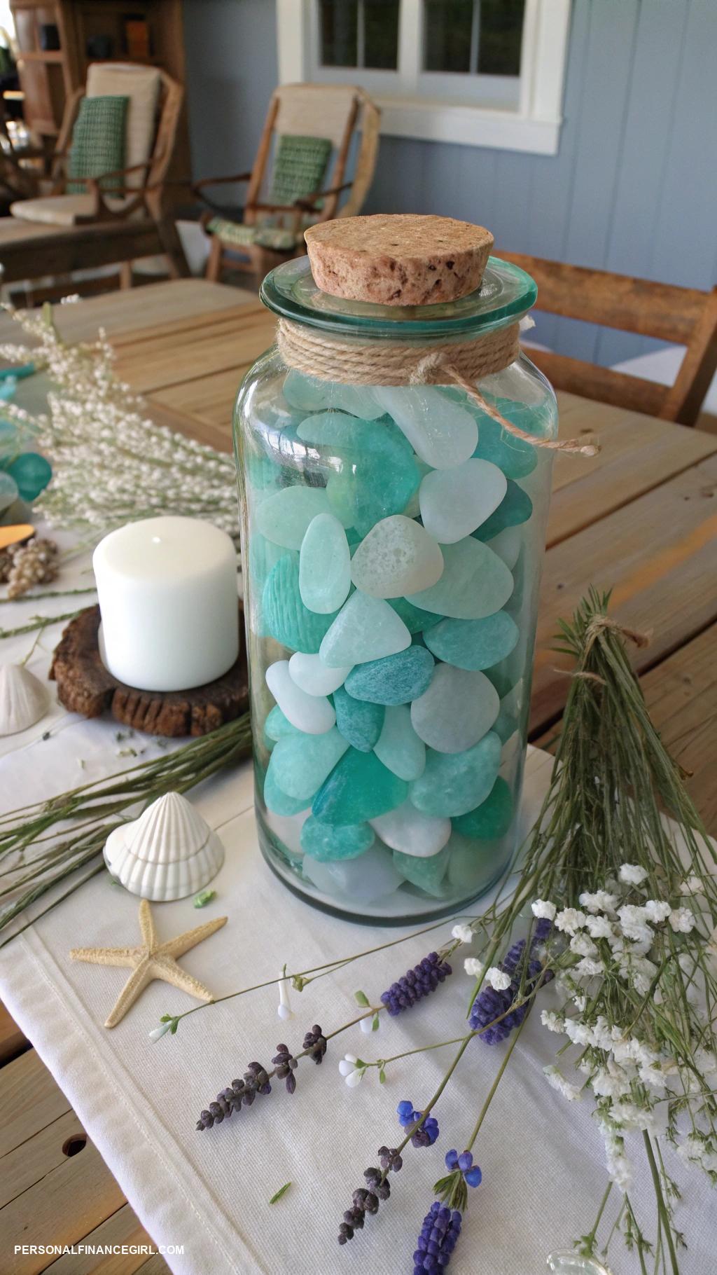 diy coastal home decor ideas Sea glass jar centerpieces for natural beauty