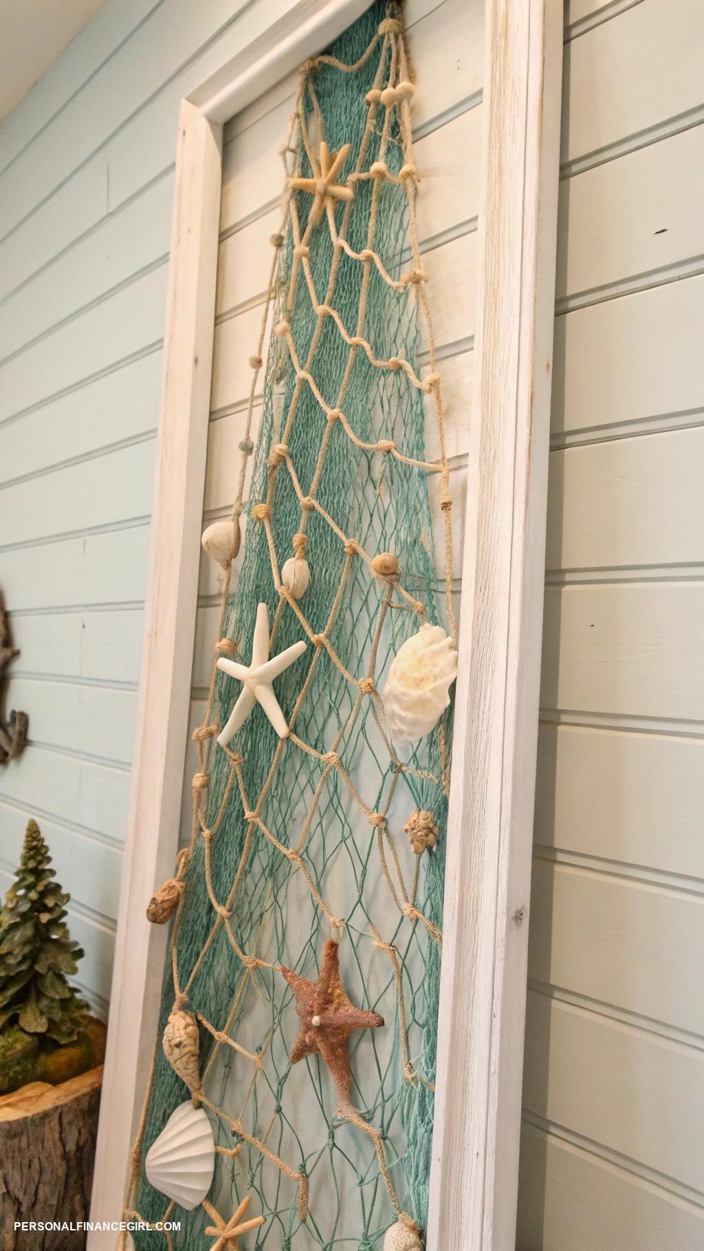 diy coastal home decor ideas Stranded fishing net wall art