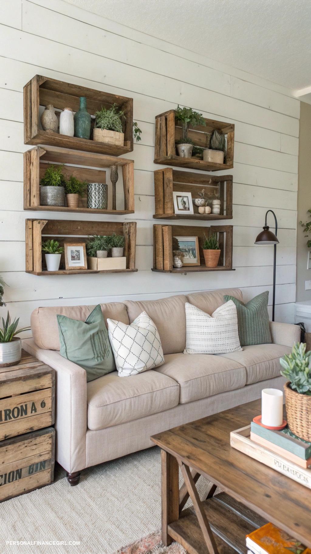 diy farmhouse decor ideas Repurpose wooden crates as shelves