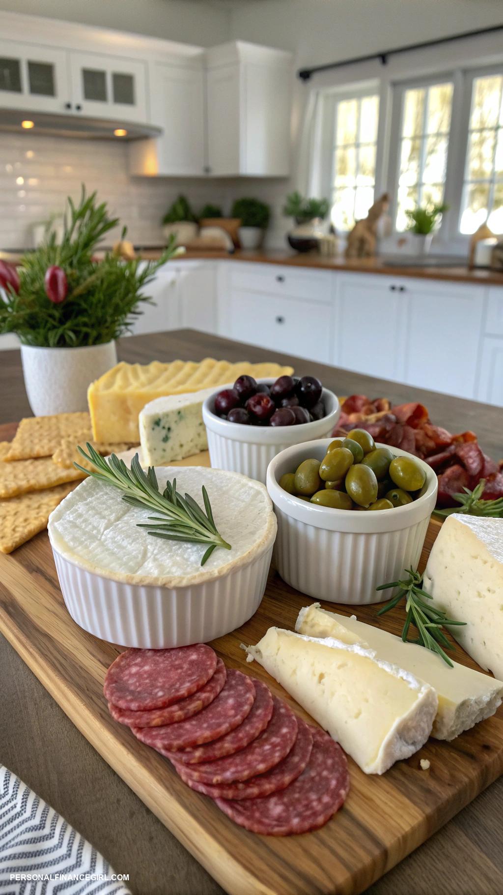 cheap appetizers Cheese and salami platter with olives
