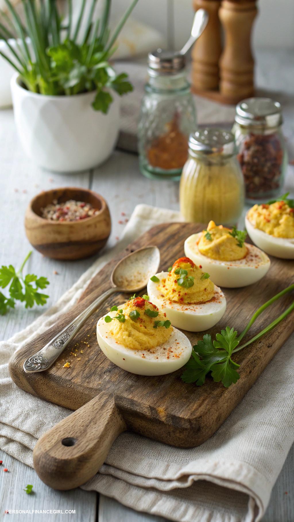 cheap appetizers Deviled eggs topped with paprika and chives