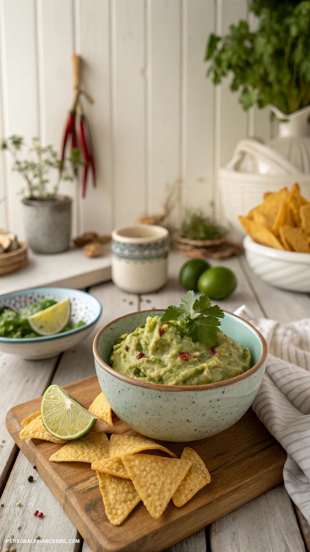 cheap appetizers Guacamole with tortilla chips on the side
