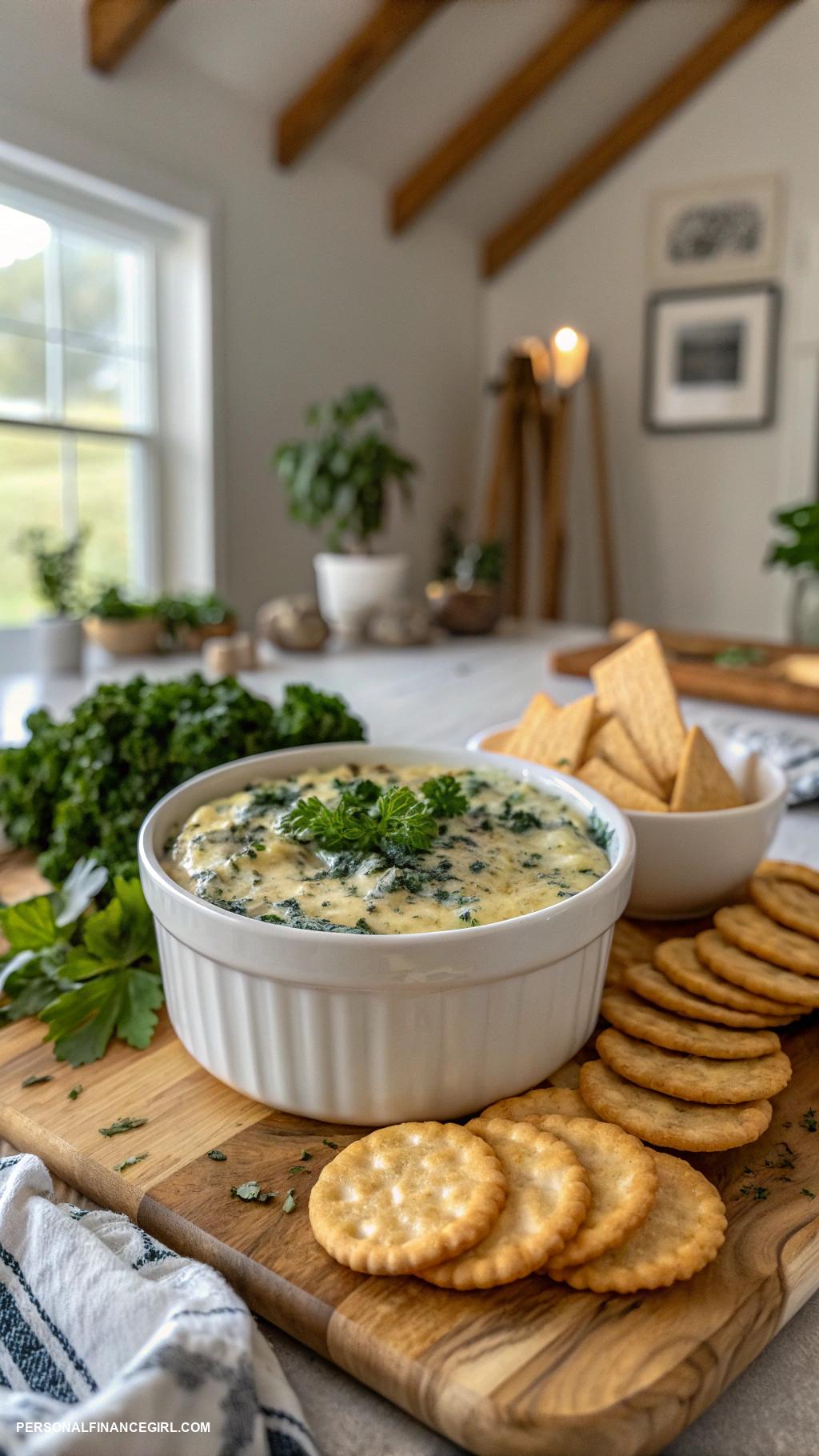 cheap appetizers Homemade spinach artichoke dip with crackers