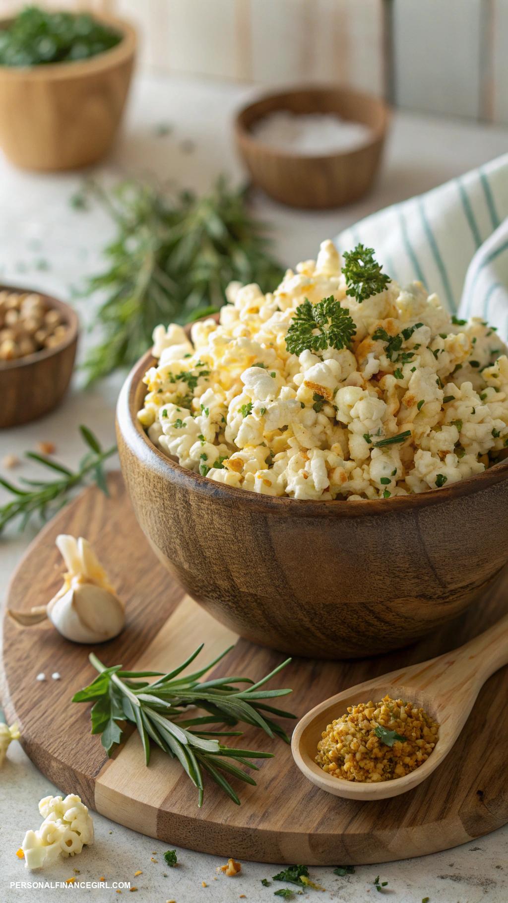 cheap appetizers Popcorn seasoned with garlic and herbs