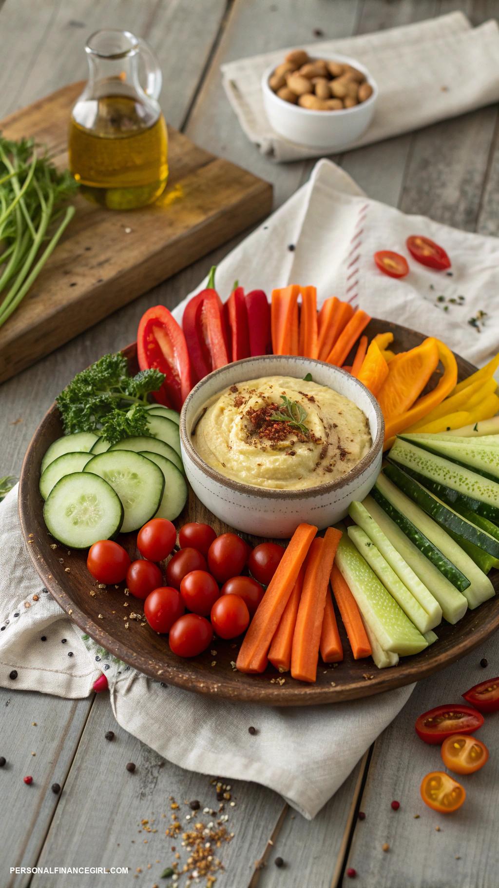 cheap appetizers Vegetable platter with hummus for dipping
