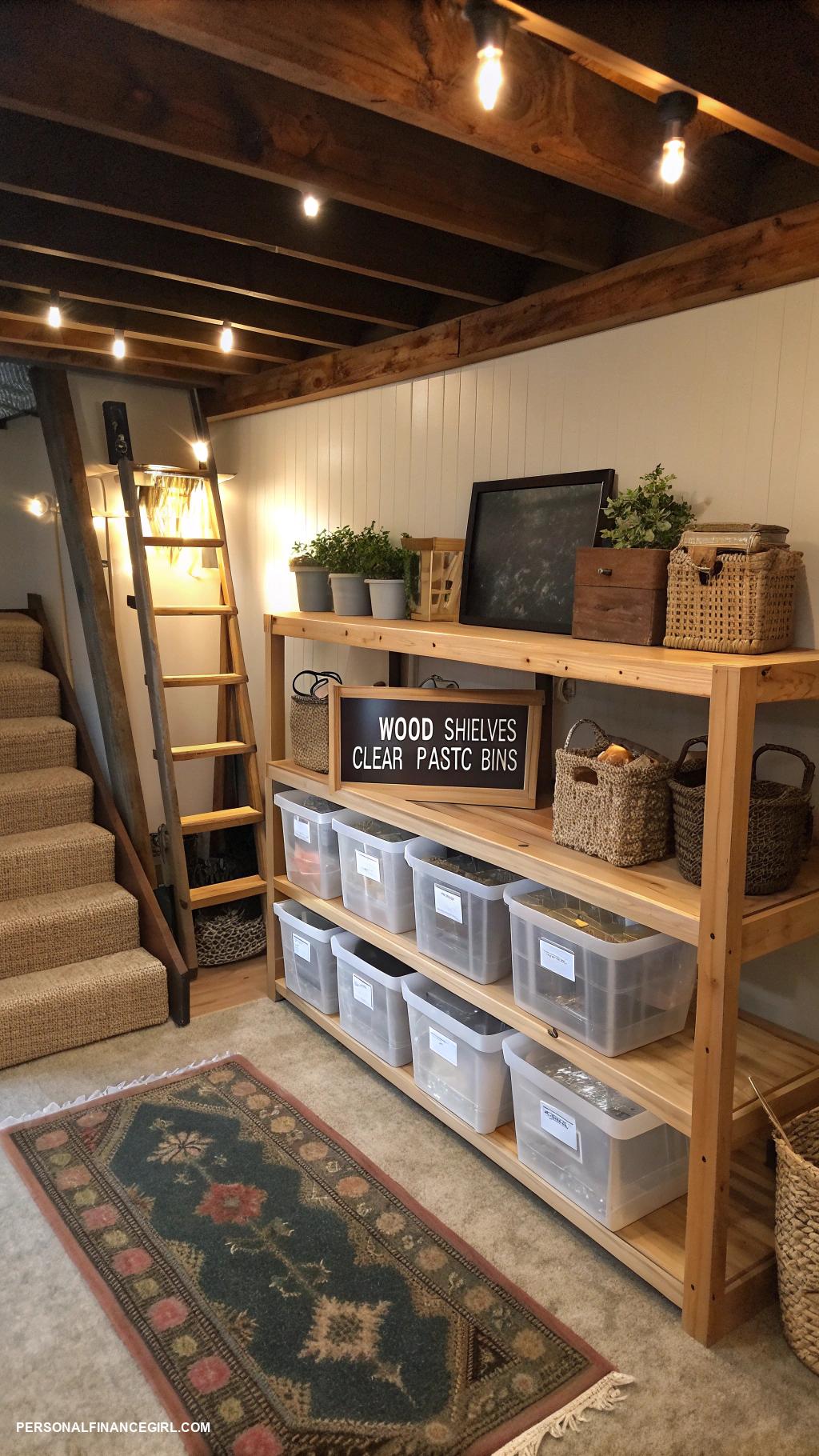 cheap unfinished basement ideas Organize storage with shelves and bins